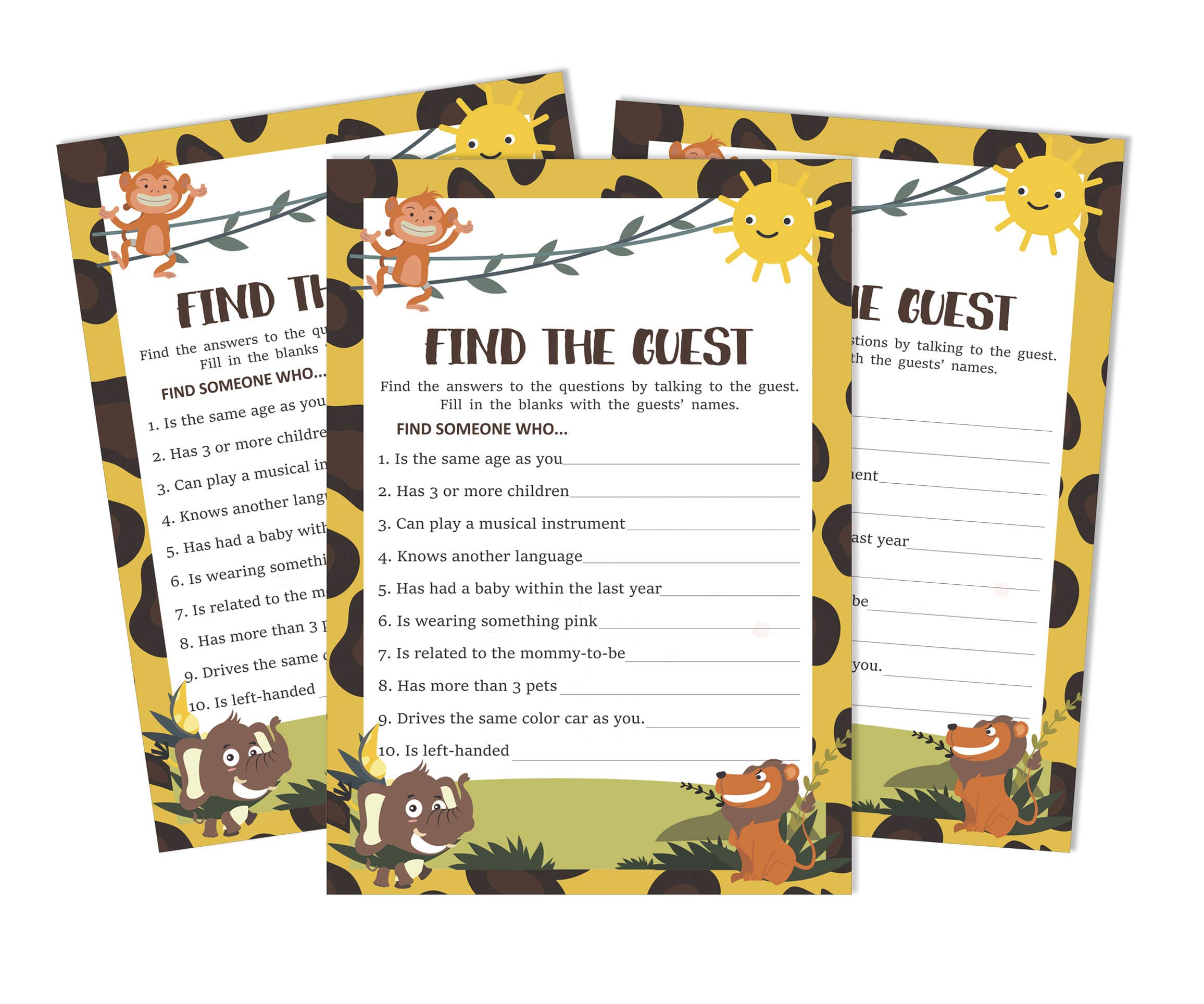 50 Find The Guest Baby Shower Game - Gender Neutral Jungle Animals Icebreaker Party Game for Baby Showers, Birthdays, and Family Gatherings