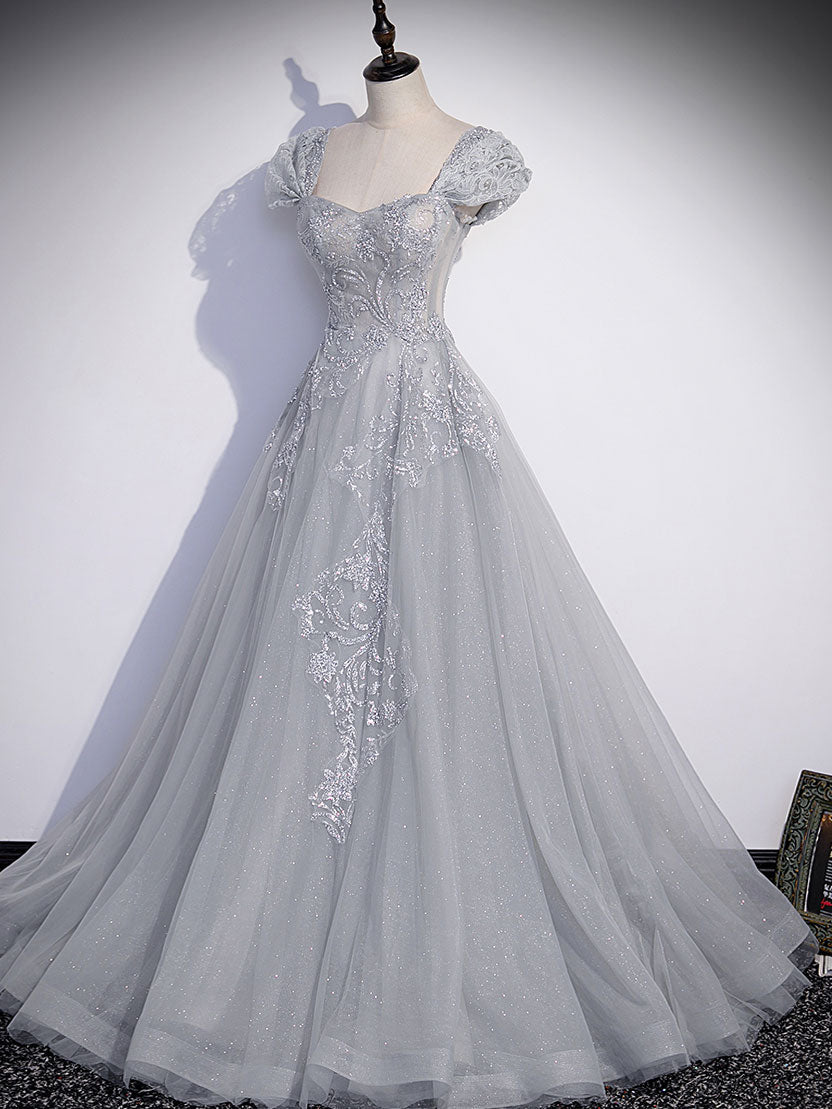 Elegant A-Line Gray Tulle Sequin Party Dress for Women - Perfect for Prom, Evening Gala & Special Occasions