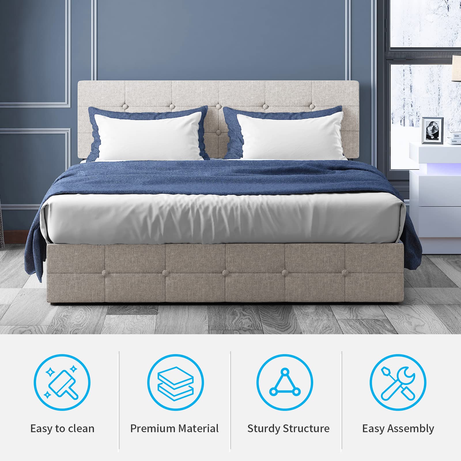 Mjkone Full Size Platform Bed Frame with 4 Storage Drawers - Beige Wooden Bed Frame for Small Spaces, Perfect for Apartments & Dorm Rooms