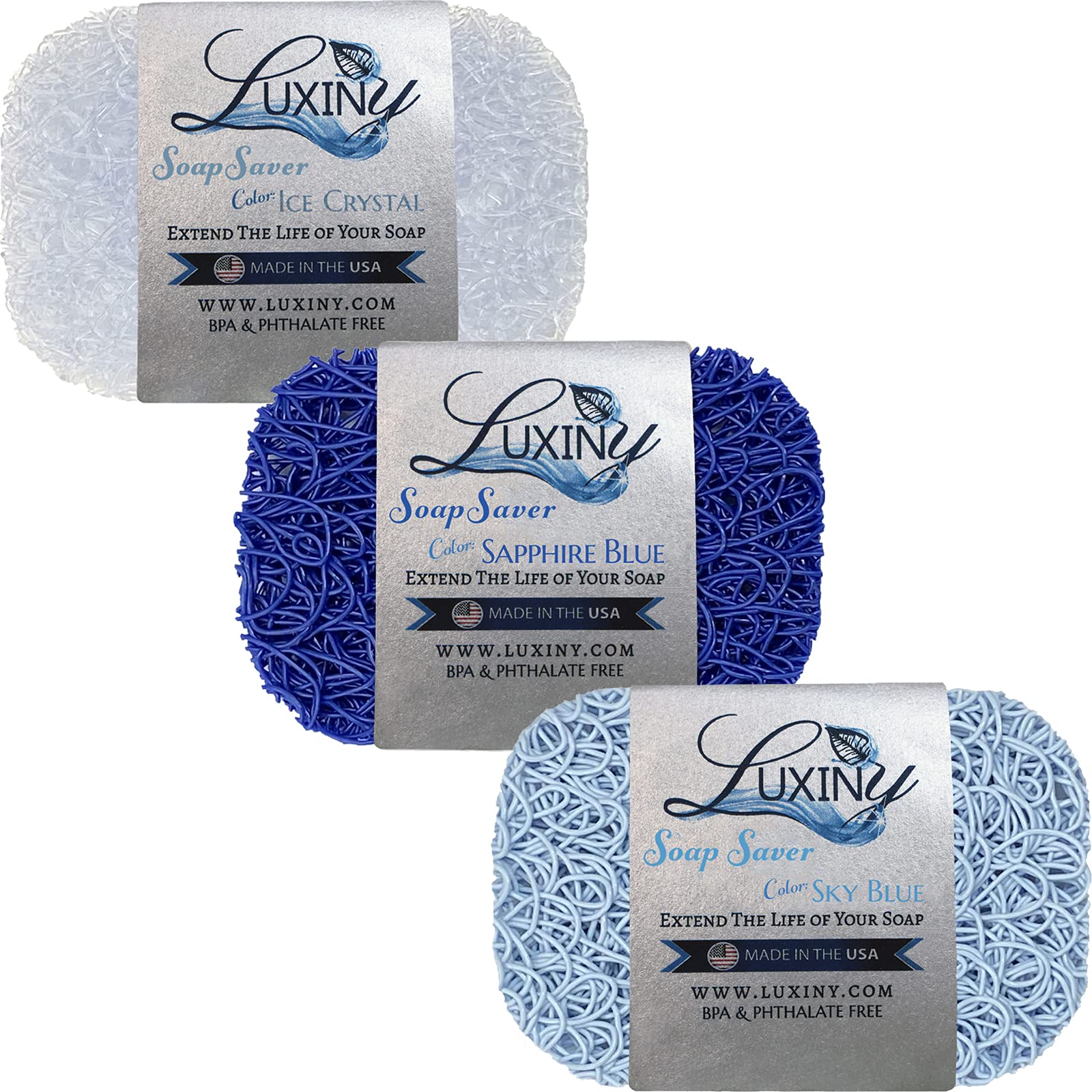 Luxiny Handmade Soap Savers for Bar Soap - 3 Pack Bioplastic Soap Holders for Shower & Soap Dishes (Ice Crystal, Sapphire Blue, Sky Blue) | Extends Soap Life | American Made | Perfect for Bathroom, Kitchen & Travel Use