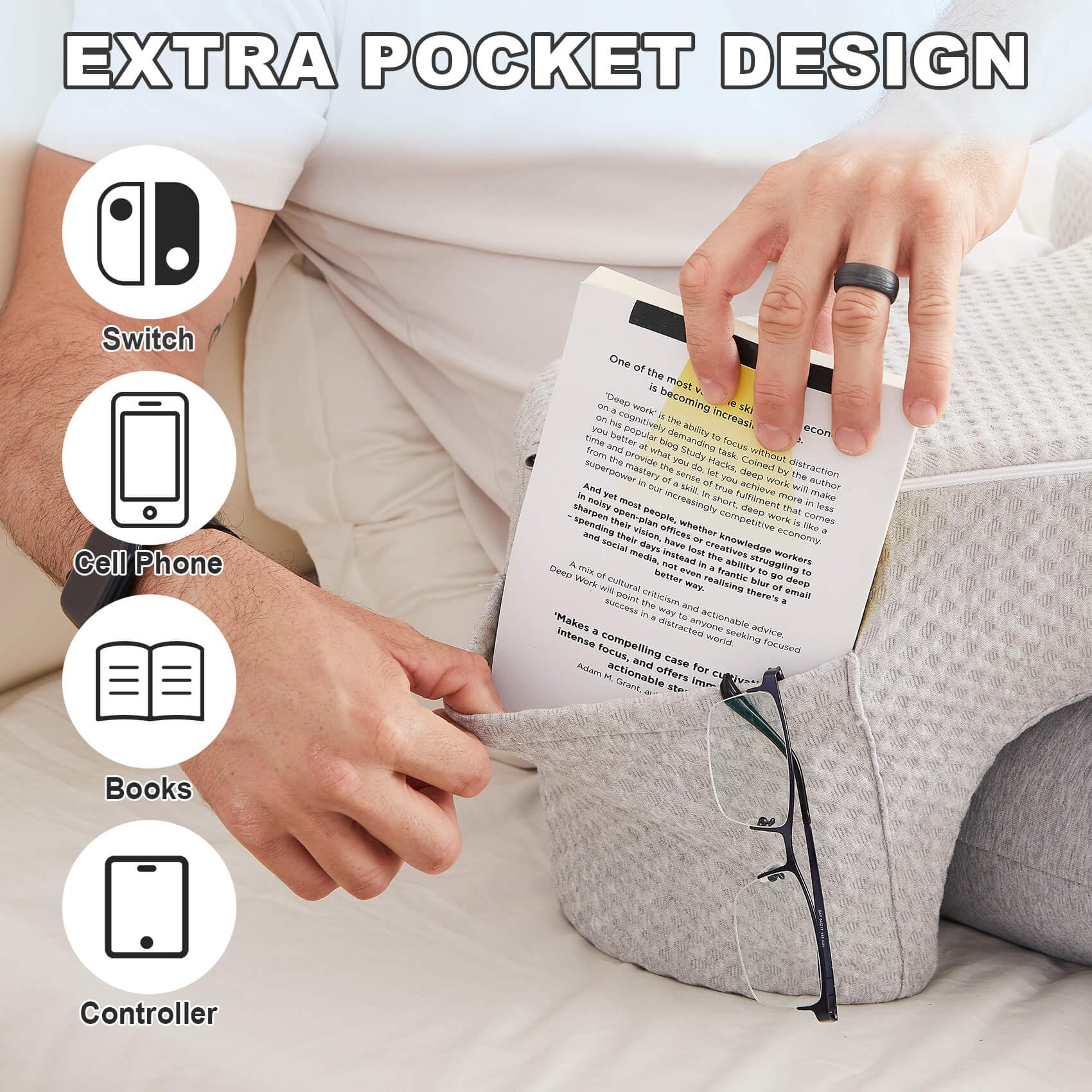 Memory Foam Reading Pillow for Lap & Bed Desk - Adjustable Laptop Lap Desk, Gaming Pillow, Bed Pillow for Sitting Up (Gray) - Ideal for Reading, Working, Gaming in Bed, Sofa, or Floor