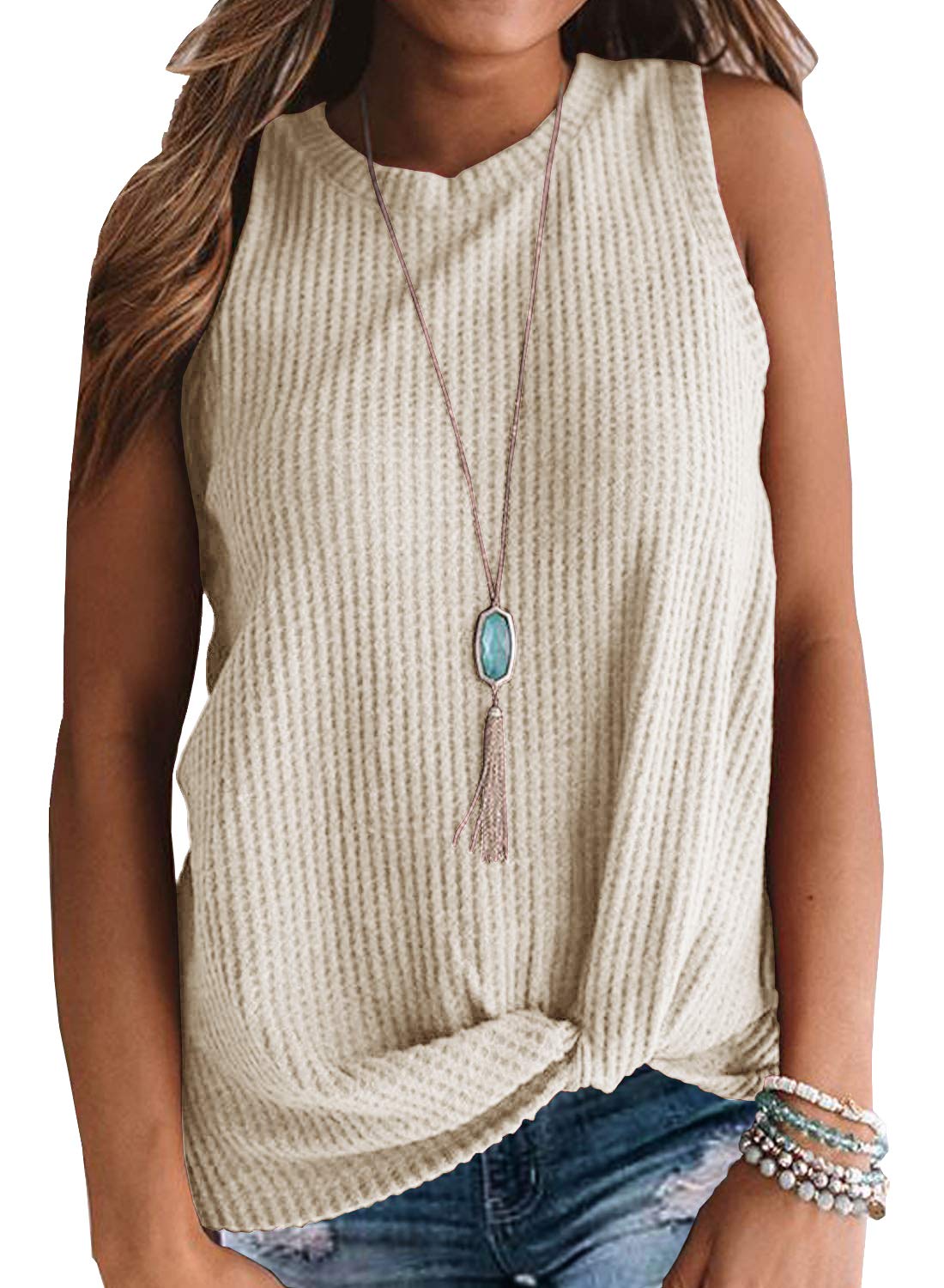 IWOLLENCE Women's Waffle Knit Tank Top - Casual Sleeveless Blouse with Twist Knot Detail | Perfect for Summer Outfits, Beach Wear & Layering