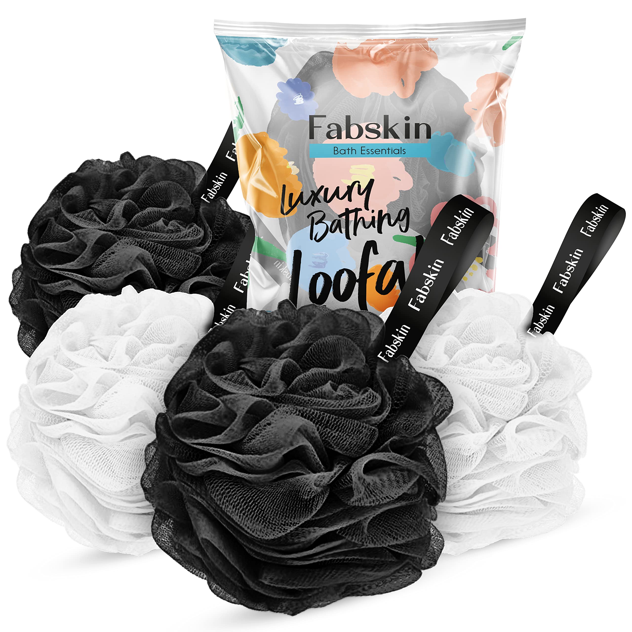Premium Luxury Bath Loofah Sponge for Men & Women - 4 Pack Black & White Exfoliating Body Scrubber | Soft Foaming Shower Pouf | Made in India | Perfect for Daily Shower, Spa & Gift Sets
