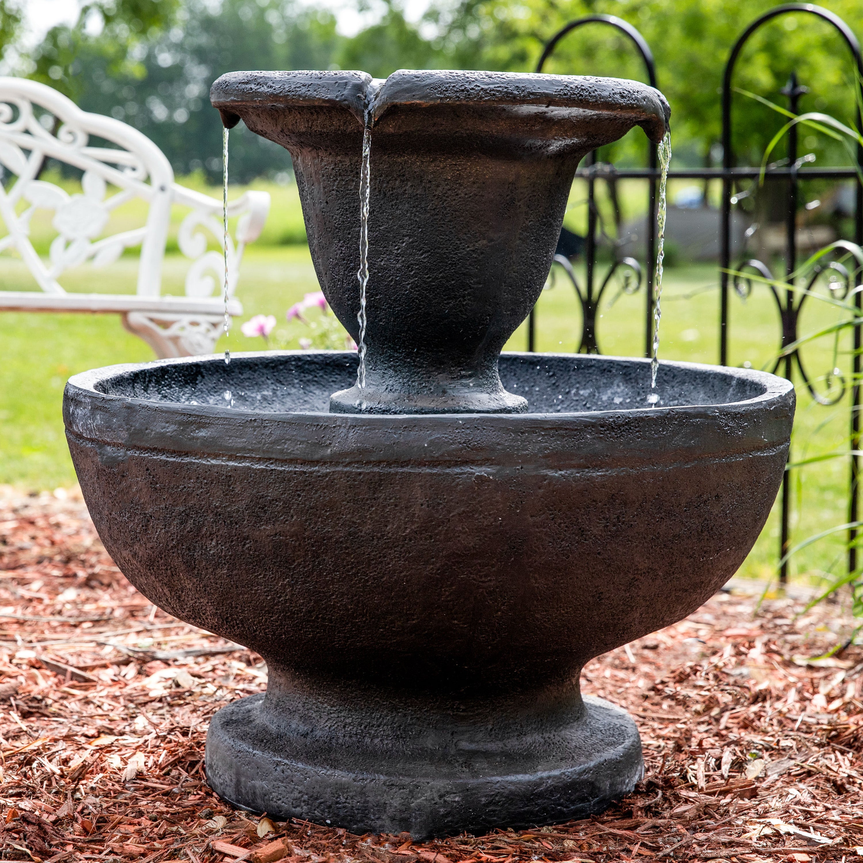 Sunnydaze 2-Tier Outdoor Water Fountain with Cascading Falls - 25 Inch Height for Garden, Patio, and Backyard Decor