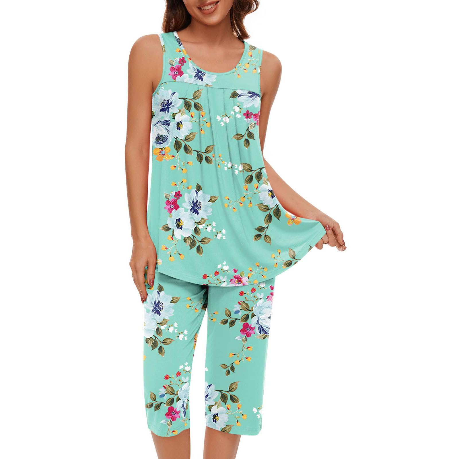 Women's 2-Piece Floral Print Pajama Set - Sleeveless Tank Top & Capri Pants Soft Summer Sleepwear Lounge Wear for Comfortable Night Sleep & Relaxing at Home