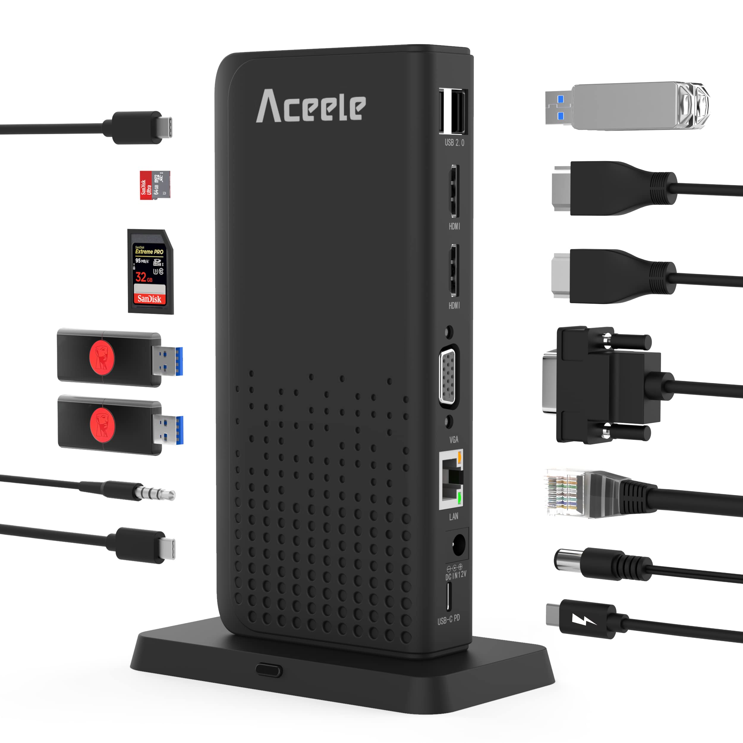 Aceele 15-in-1 USB C Docking Station for Laptop - Dual/Triple Monitor Support, 2 HDMI & VGA Ports, 100W PD Charging, 4 USB-A, 1 USB-C, SD/TF Card Reader, Ethernet, 3.5mm Audio - Perfect for Home Office, Gaming & Multi-Tasking Workspaces