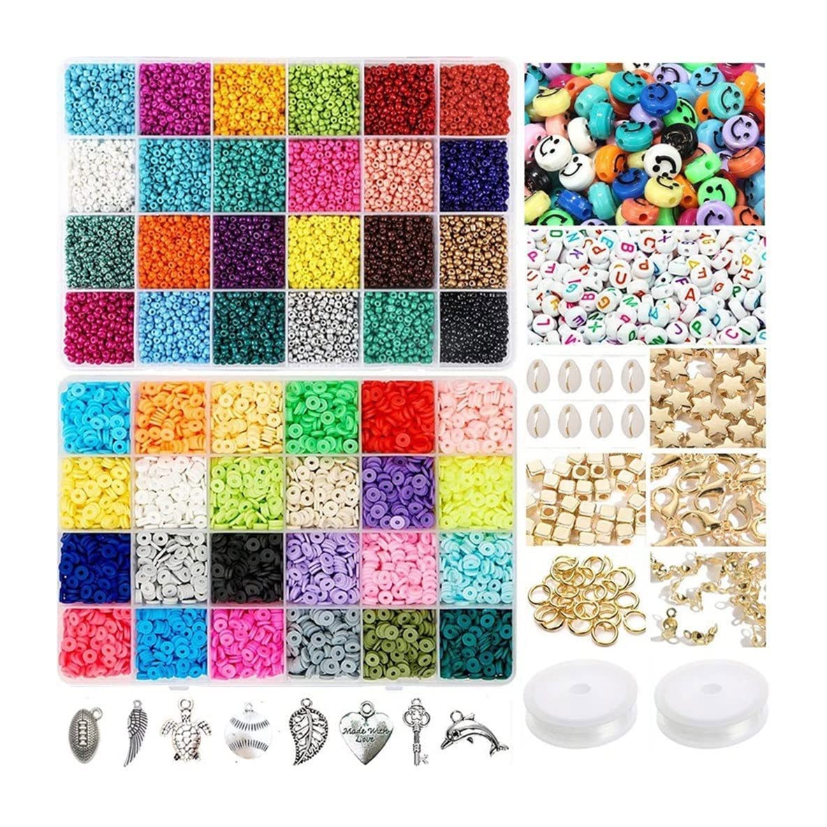 24 Color Polymer Clay Beads for Jewelry Making - Flat Round Heishi Spacer Beads for DIY Bracelets, Necklaces, Earrings - Craft Kit with Pendant (Color A, One Size) - Perfect for Handmade Gifts, Boho Accessories & Kids Crafts
