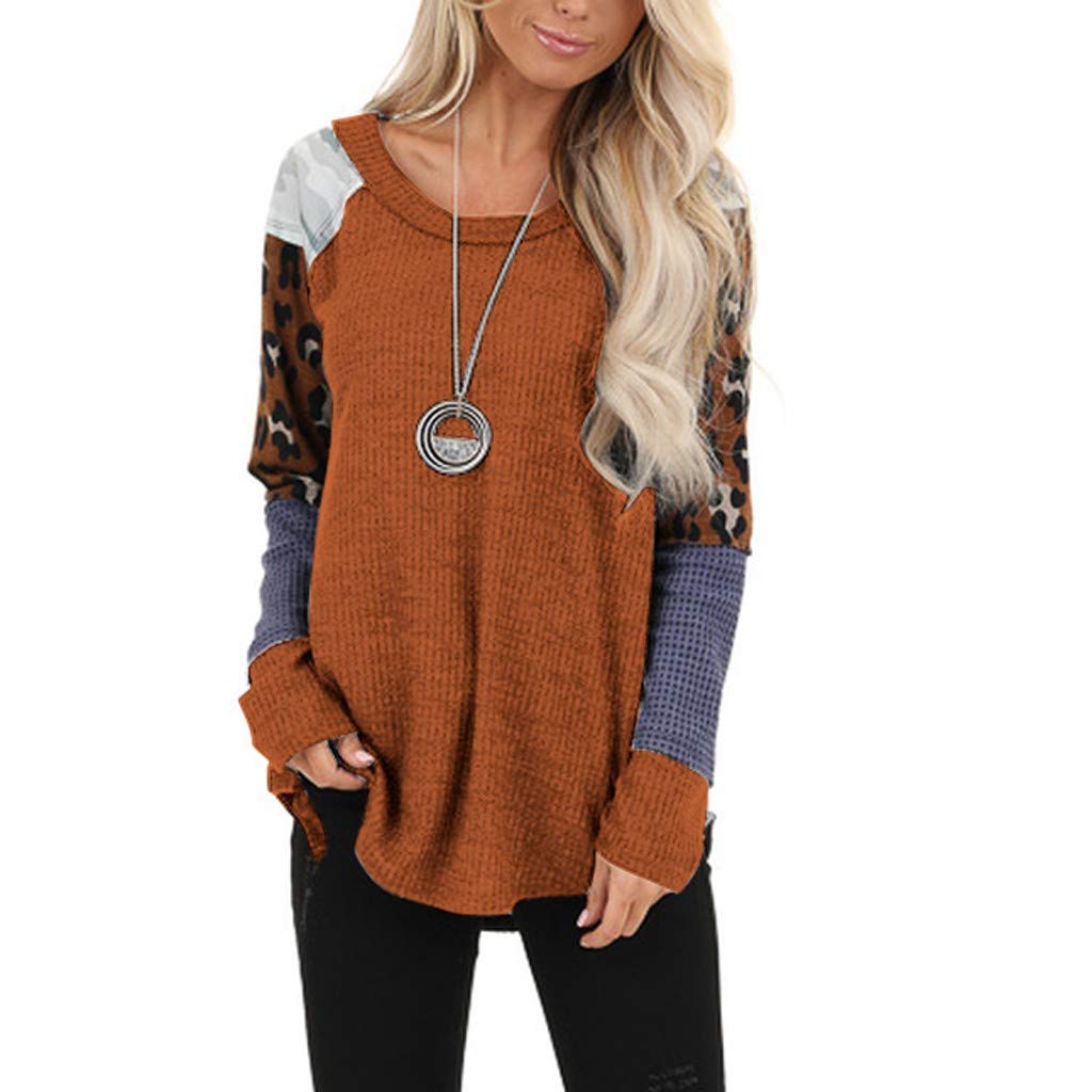 Eduavar Women's Leopard Print Waffle Knit Tunic Blouse - Color Block Round Neck Long Sleeve Casual Top for Work, Date Night & Fall Layering