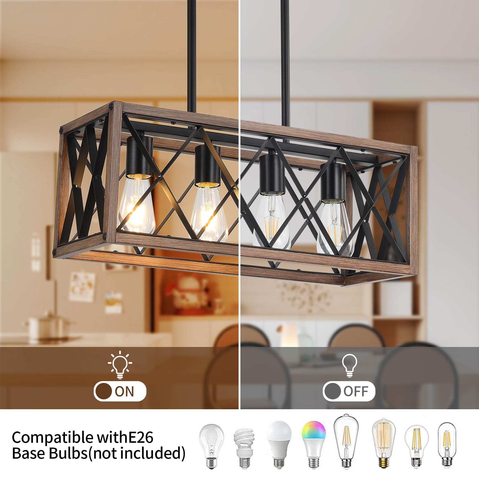 KEESFU 4-Light Adjustable Height Farmhouse Pendant Light - Rustic Wood Grain Linear Chandelier for Kitchen Island, Dining Room Table & Pool Table Lighting - Perfect for Farmhouse, Industrial & Modern Home Decor