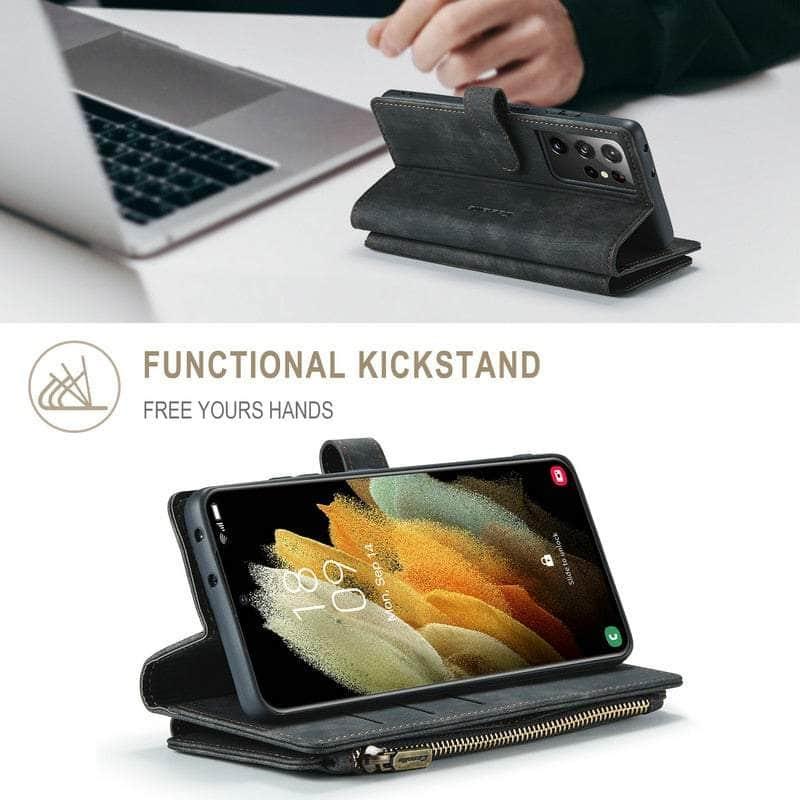 Premium Leather Wallet Case for Samsung Galaxy S22 with Zipper Closure - Perfect for Daily Use, Travel & Business (Black)