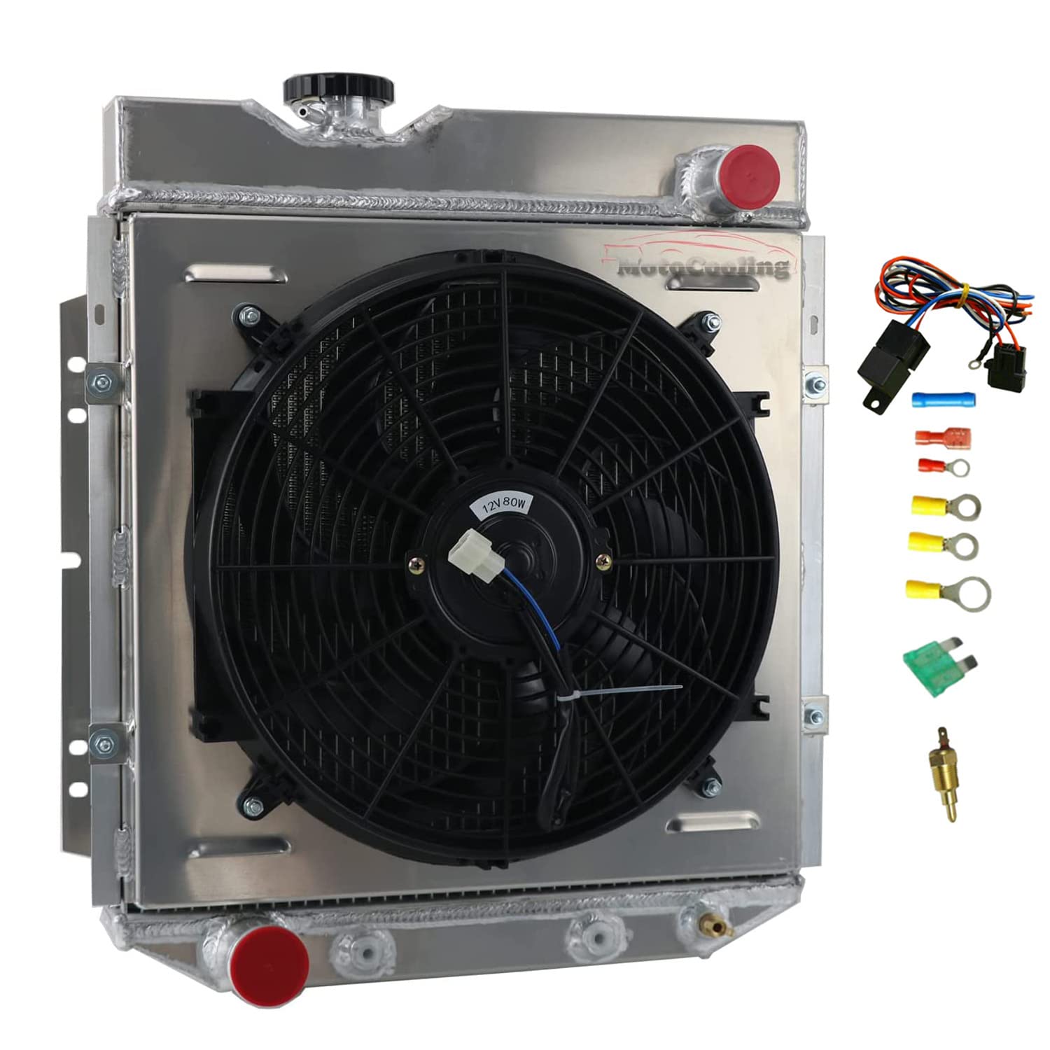 4 Row Aluminum Radiator for 1960-1966 Ford Mustang Falcon Ranchero Mercury Comet L6 V8 - High Performance Cooling System with Electric Fan Shroud & Thermostat Kit - Perfect for Classic Car Restoration & Hot Rod Upgrades