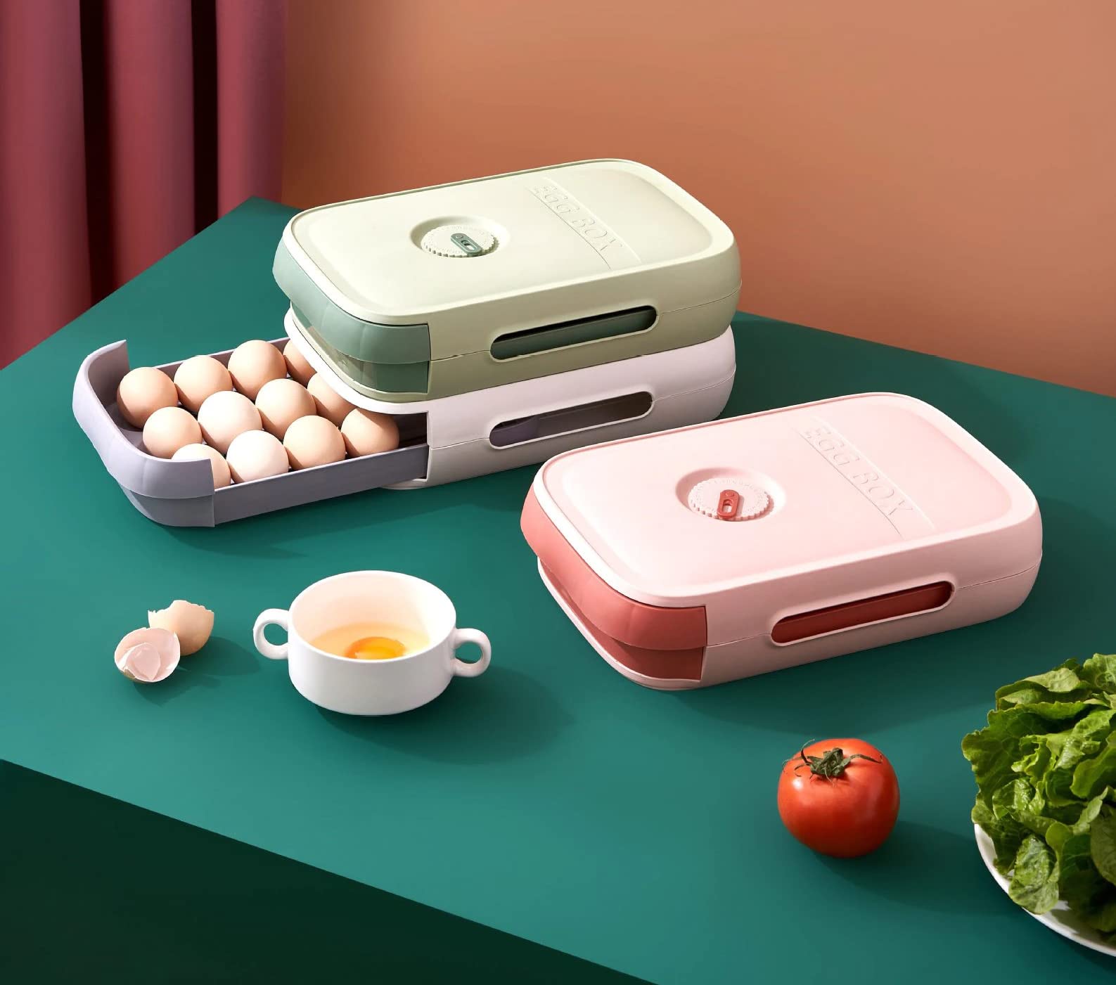 Evona Refrigerator Egg Drawer - 12-Capacity Egg Storage Container with Date Tracker, Durable Plastic Egg Tray for Kitchen Organization - Perfect for Fresh Egg Storage in Fridge (Green) - Ideal for Breakfast Meal Prep & Baking Needs