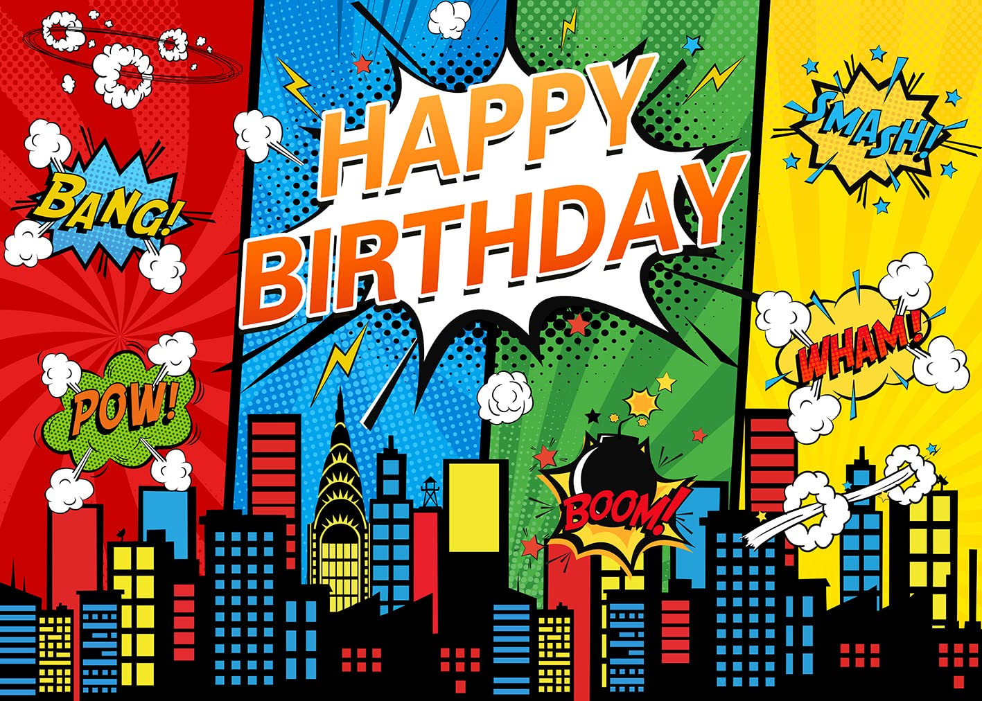 Superhero Cityscape Backdrop - 7x5ft Comic Style Background for Birthday Parties, Baby Showers, Cake Tables & Photo Booths | Perfect for Superhero-Themed Events, Kids' Celebrations & Comic Book Decorations