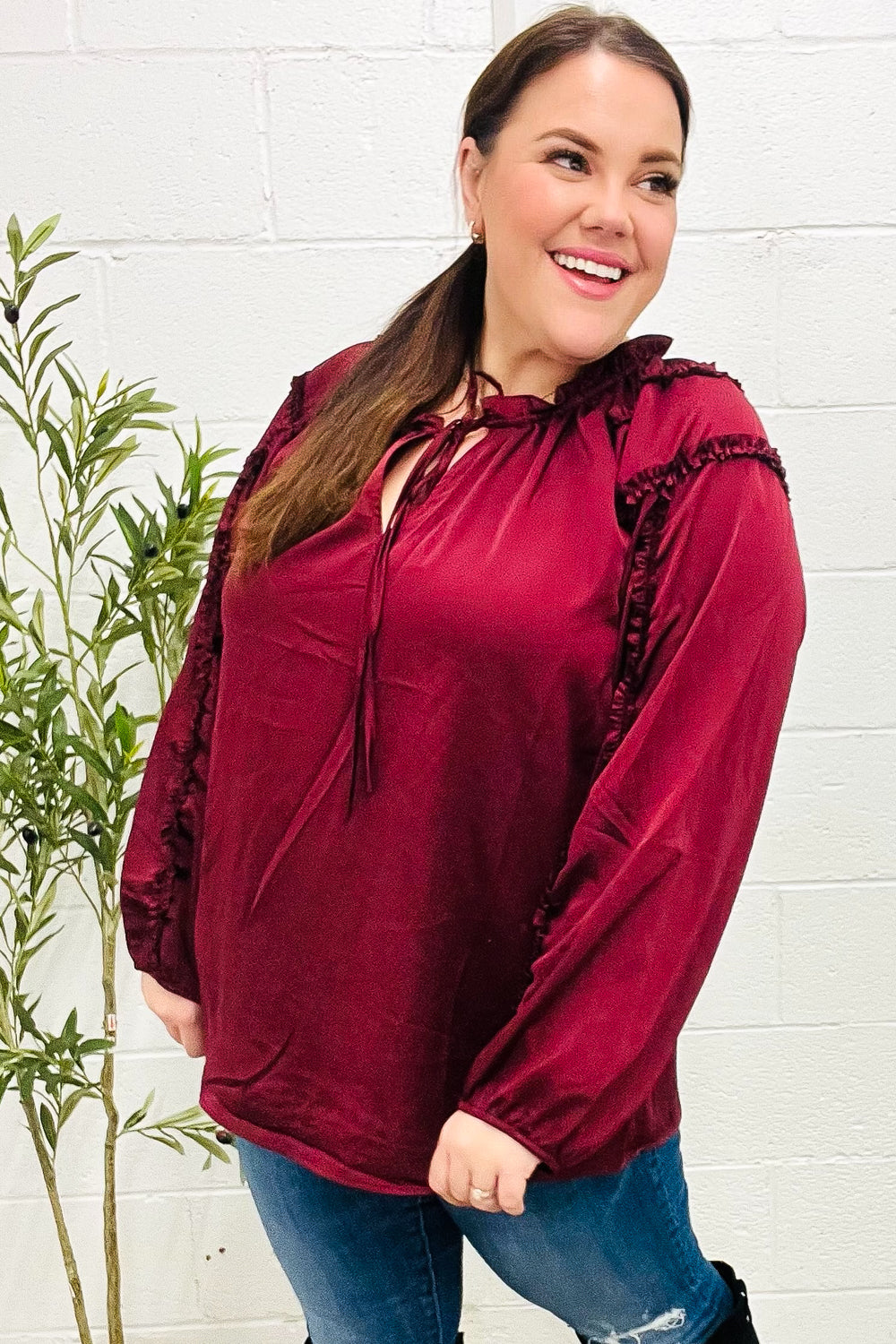 Elegant Burgundy Satin Blouse with Frill Detail & Tie Neck - Perfect for Holiday Parties & Special Occasions