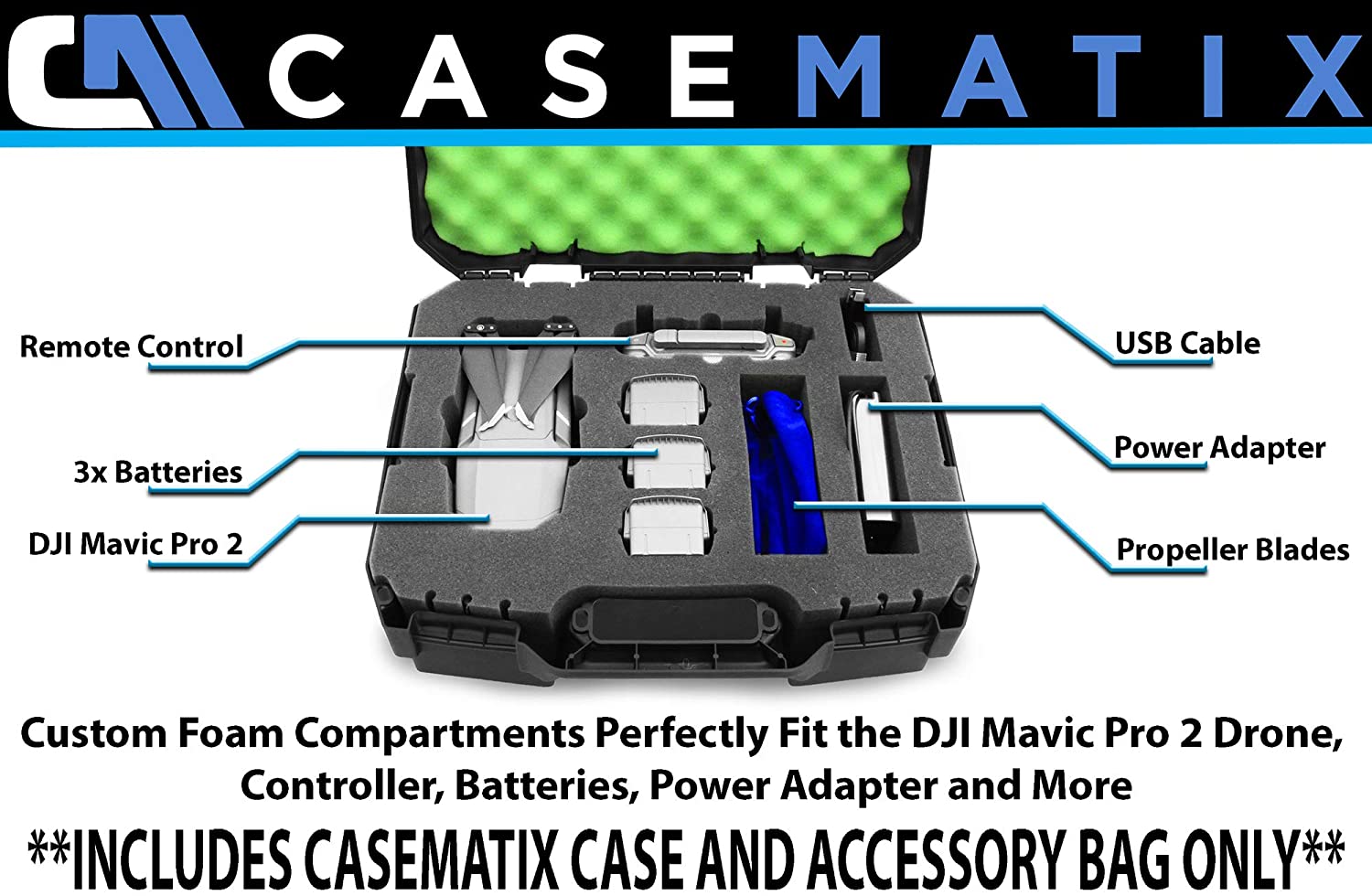 CASEMATIX Rugged Hard Case for DJI Mavic Pro 2 & Mavic 2 Zoom Drones - Protective Storage with Green Foam Interior (Case Only) - Perfect for Travel, Outdoor Adventures & Drone Accessories Protection