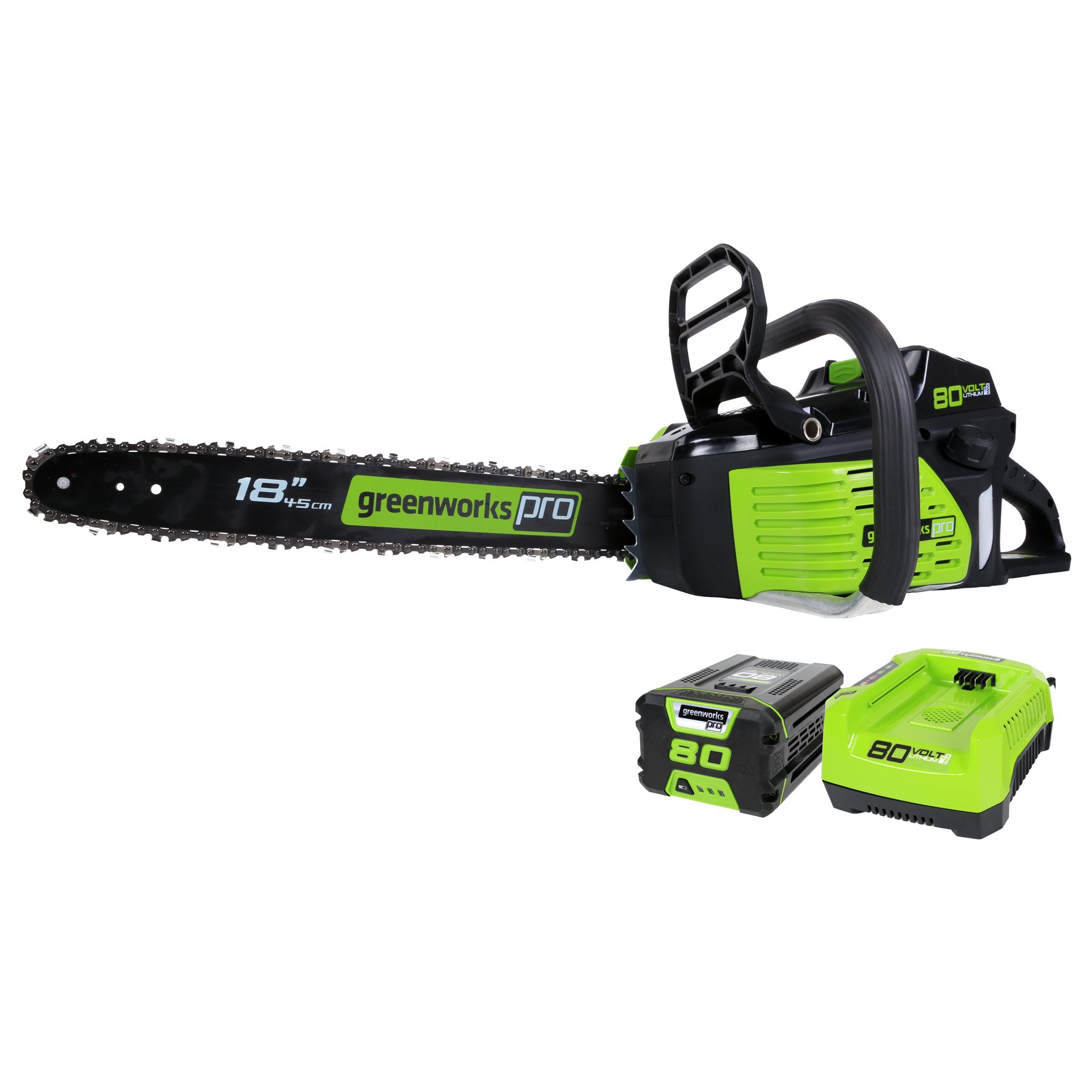 Greenworks 80V 18-Inch Brushless Cordless Chainsaw with 2.0Ah Battery & Rapid Charger - Powerful Tool for Tree Cutting, Limbing, Pruning & Firewood | Compatible with 75+ Tools | Perfect for Yard Work, Landscaping & Emergency Storm Cleanup