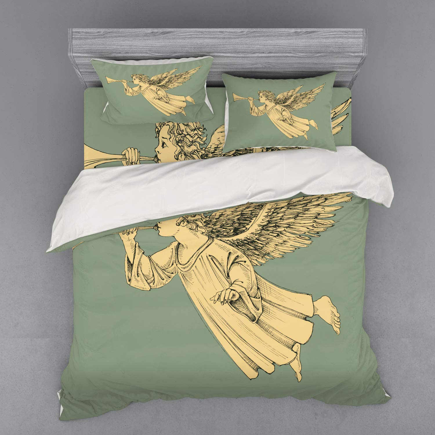 Ambesonne Christmas Duvet Cover Set - Flying Angel with Trumpet Mythological Art 4-Piece Bedding (King Size, Yellow Mint) for Holiday Decor & Cozy Winter Nights