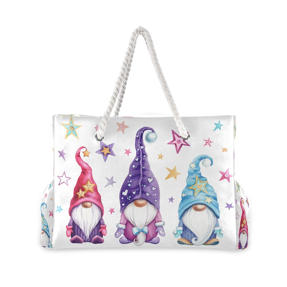 Large Waterproof Beach Tote Bag with Zipper - Magic Gnome & Star Watercolor Design for Women, Perfect for Pool, Gym, Travel & Summer Outings