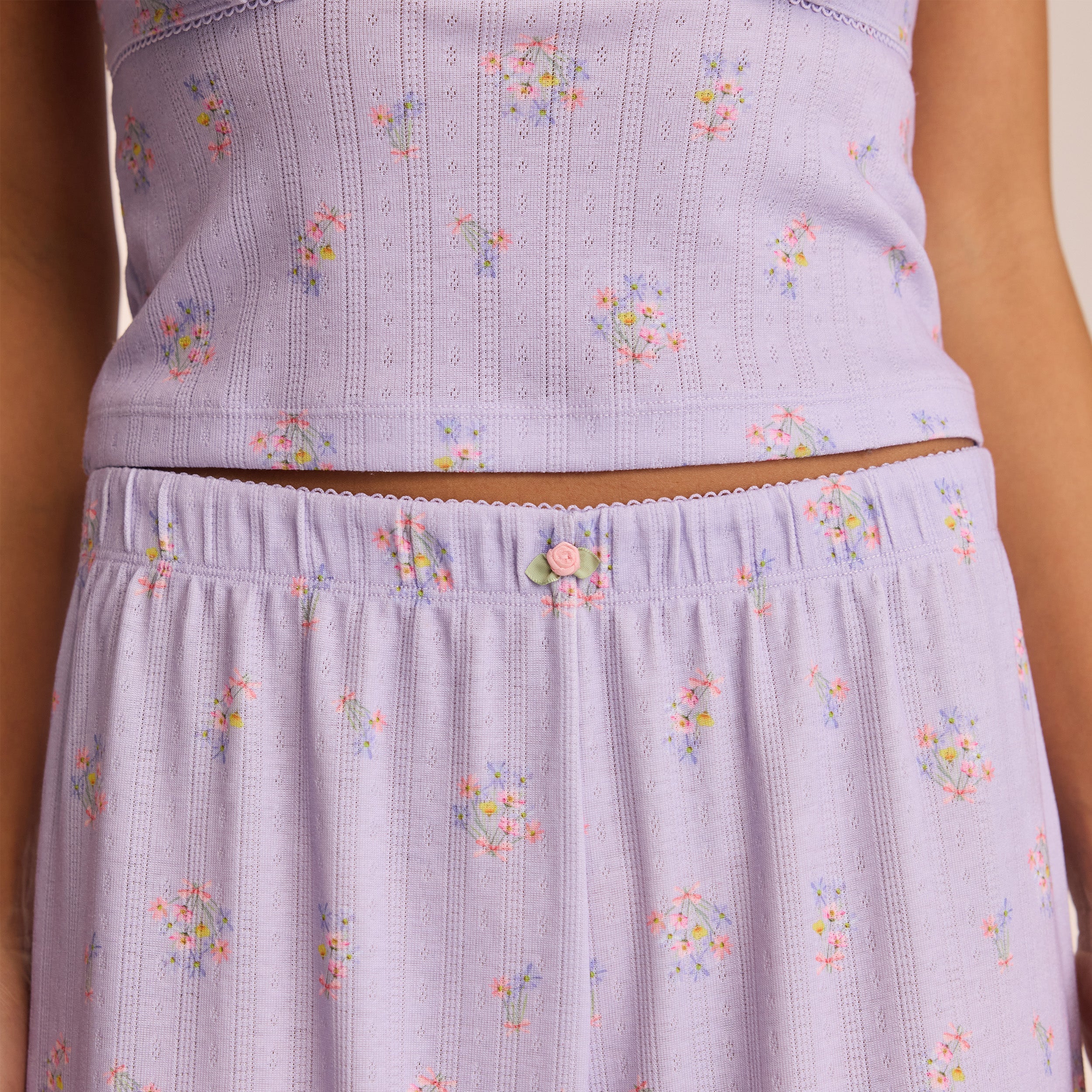 Lilac Floral Pointelle Pajama Bottoms for Women - Soft & Comfortable Sleepwear for Relaxing at Home or Lounging