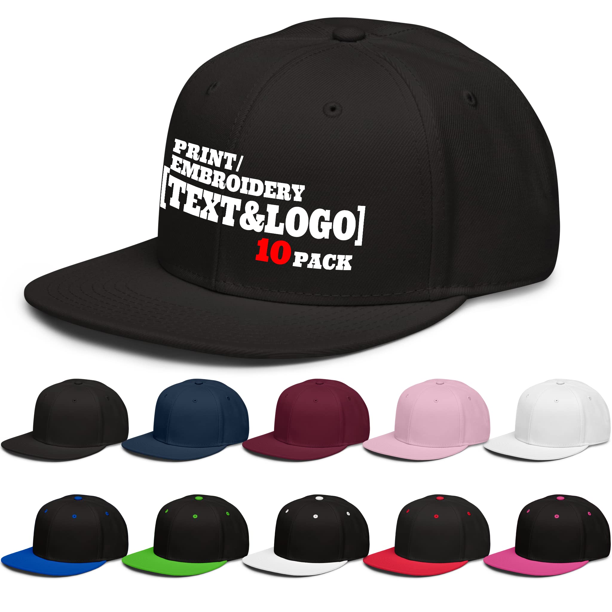 Pranboo® 10 Pack Custom Hats - Embroidered or Printed Text & Logo Snapback Trucker Dad Caps for Men & Women - Perfect for Sports Teams, Corporate Events, and Promotional Giveaways