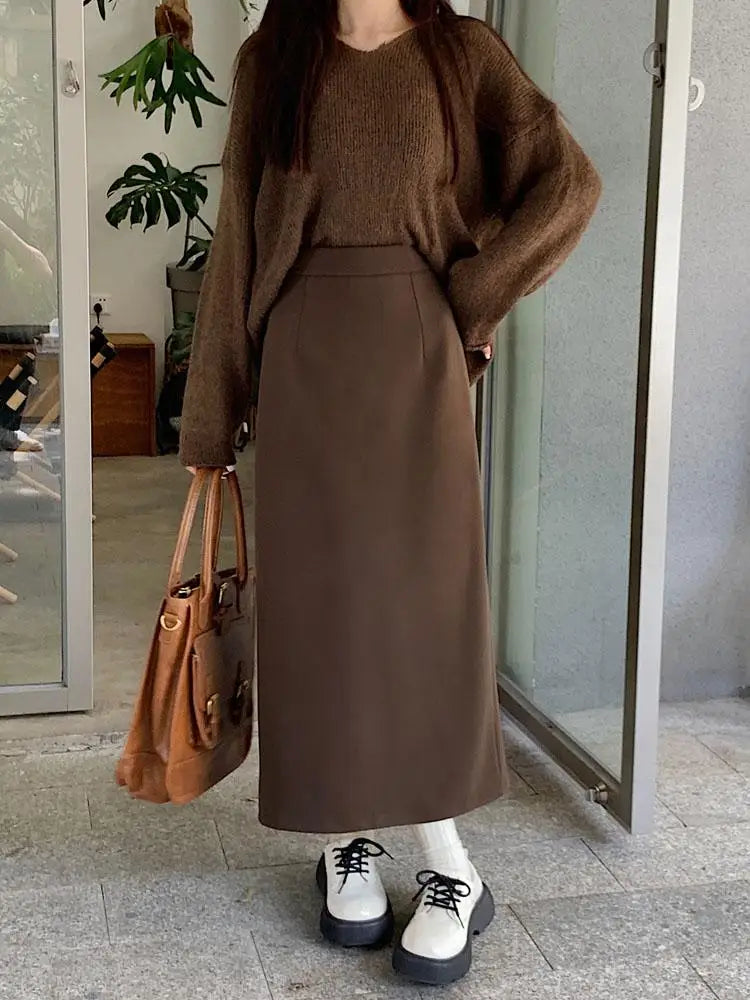Women's Autumn Brown Wool A-Line High Waist Skirt - Elegant Straight Long Skirt with Elastic Waistband | Warm Winter Fashion for Casual Outfits & Office Wear | Korean Style Ladies Skirt