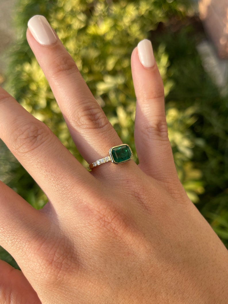 2.62tcw 14K Gold Natural Emerald Cut East West Bezel Set Diamond Engagement Ring for Women - Perfect for Wedding, Anniversary & Special Occasions