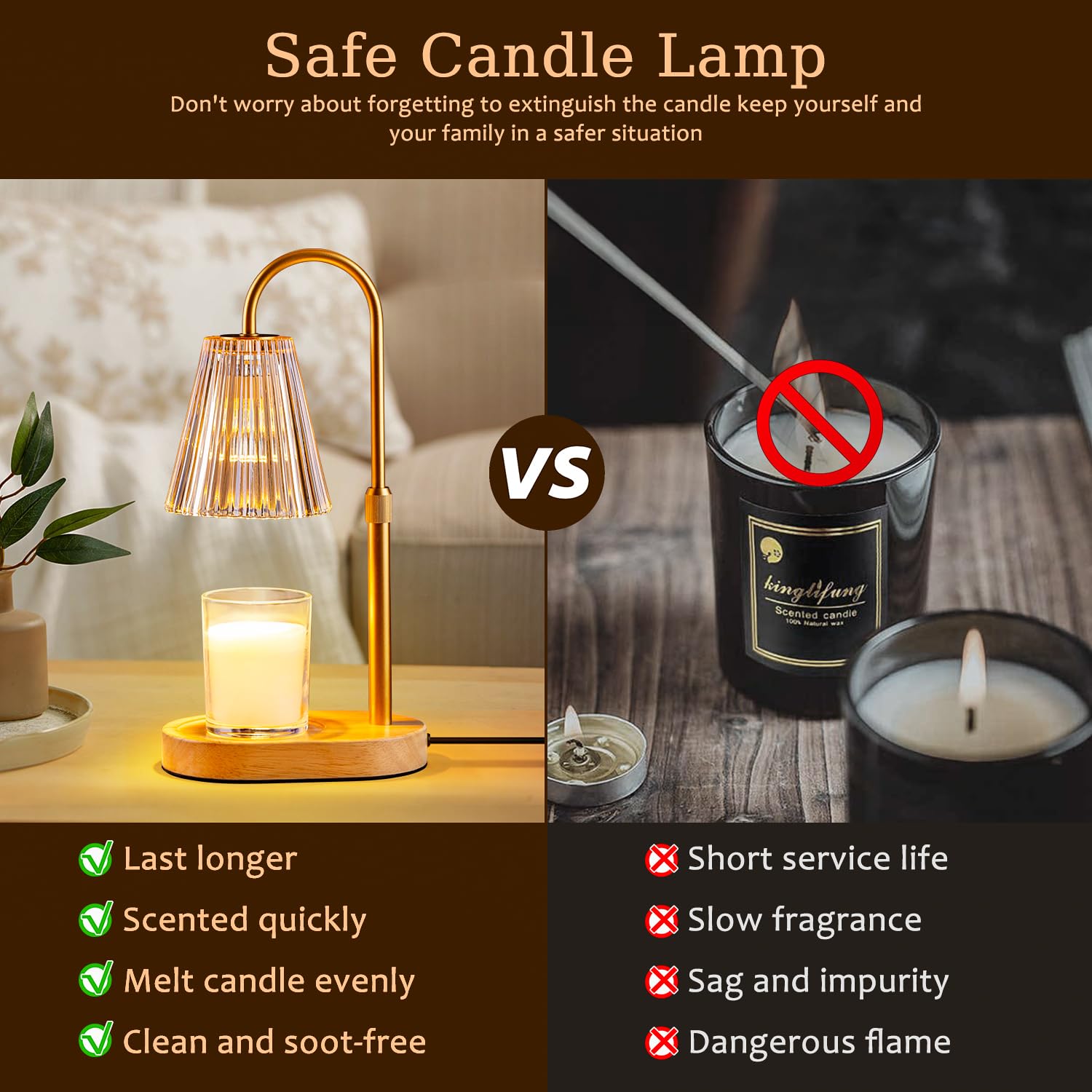 Electric Candle Warmer Lamp with Timer - Adjustable Height & Dimmable Light, No Flame Wax Melter for Jar Candles - Perfect for Home Decor, Aromatherapy, and Cozy Ambiance (Amber)