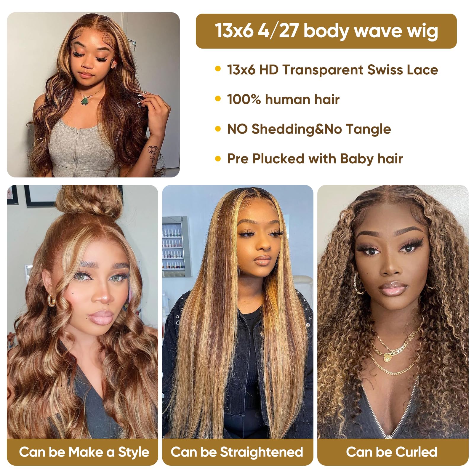 13x6 HD Ombre Lace Front Human Hair Wig - Body Wave Highlight Lace Frontal Wig with Baby Hair, 180% Density 4/27 Colored Glueless Honey Blonde 28 Inch | Perfect for Cosplay, Daily Wear & Special Occasions