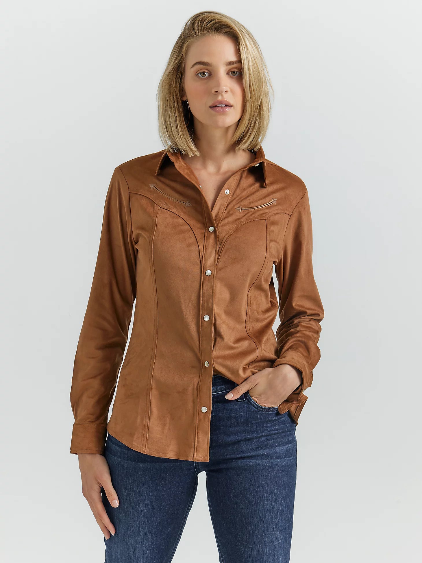 Women's Brown Suede Rodeo Snap Shirt - Western Style Button Up Top for Cowgirl Fashion & Country Outfits