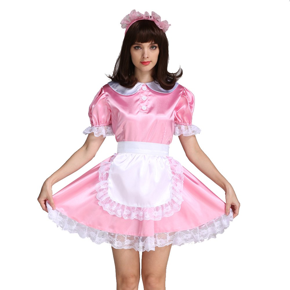 Sexy Pink Satin French Maid Costume for Women - Halloween Cosplay, Role Play, Crossdressing & Party Outfit