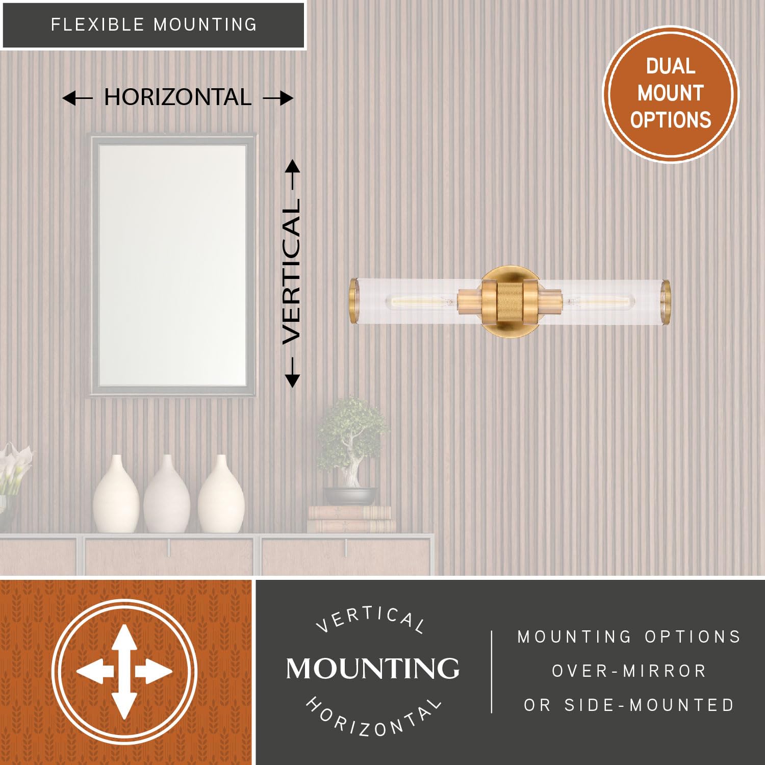 VAXCEL Levitt 2-Light Bathroom Vanity Light Fixture - Mid Century Modern Industrial Style with Satin Brass Finish & Clear Glass Shades - Perfect for Bathroom, Powder Room, and Dressing Area Lighting