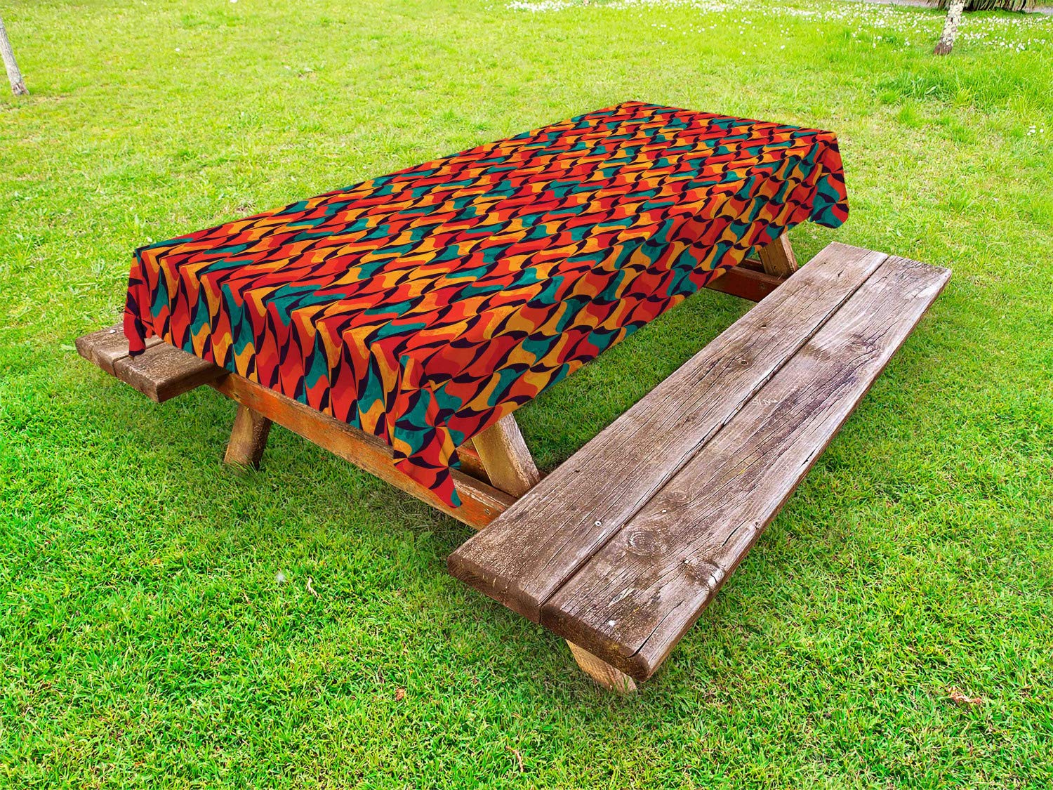 Ambesonne Geometric Outdoor Tablecloth - Abstract Funky Waves Design, Contemporary Pastel Tribal Pattern, Waterproof Washable Picnic Table Cover 58x104 Inches, Jade Green Orange Vermilion - Perfect for Garden Parties, BBQs, Picnics & Outdoor Dining