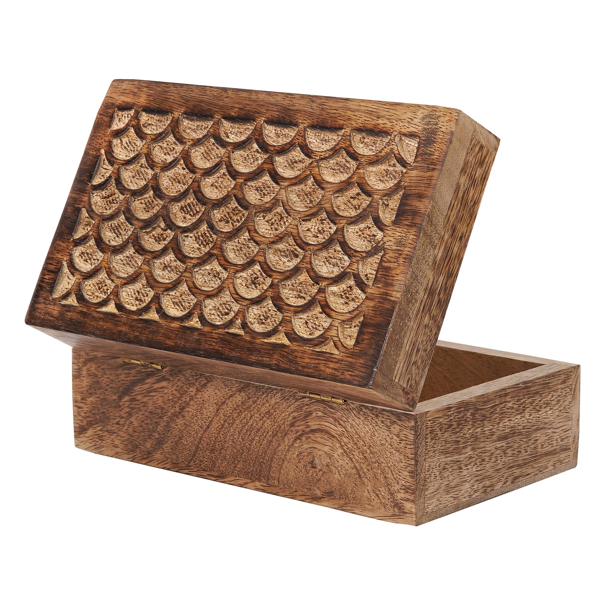 Handmade Carved Scallop Mango Wood Box with Lid - Medium Burnt Finish Decorative Storage Box - 7.5” x 4.5” x 3” - Perfect for Memory Keepsakes, Jewelry, Photos & Home Decor