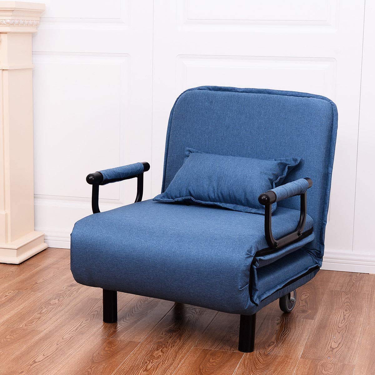 ReunionG Convertible Sleeper Sofa Chair Bed - 5-Position Adjustable Backrest with Pillow, Foldable Arm Lounge Couch for Living Room, Bedroom & Home Office | Perfect for Small Spaces, Guest Sleeping & Relaxing (Blue)