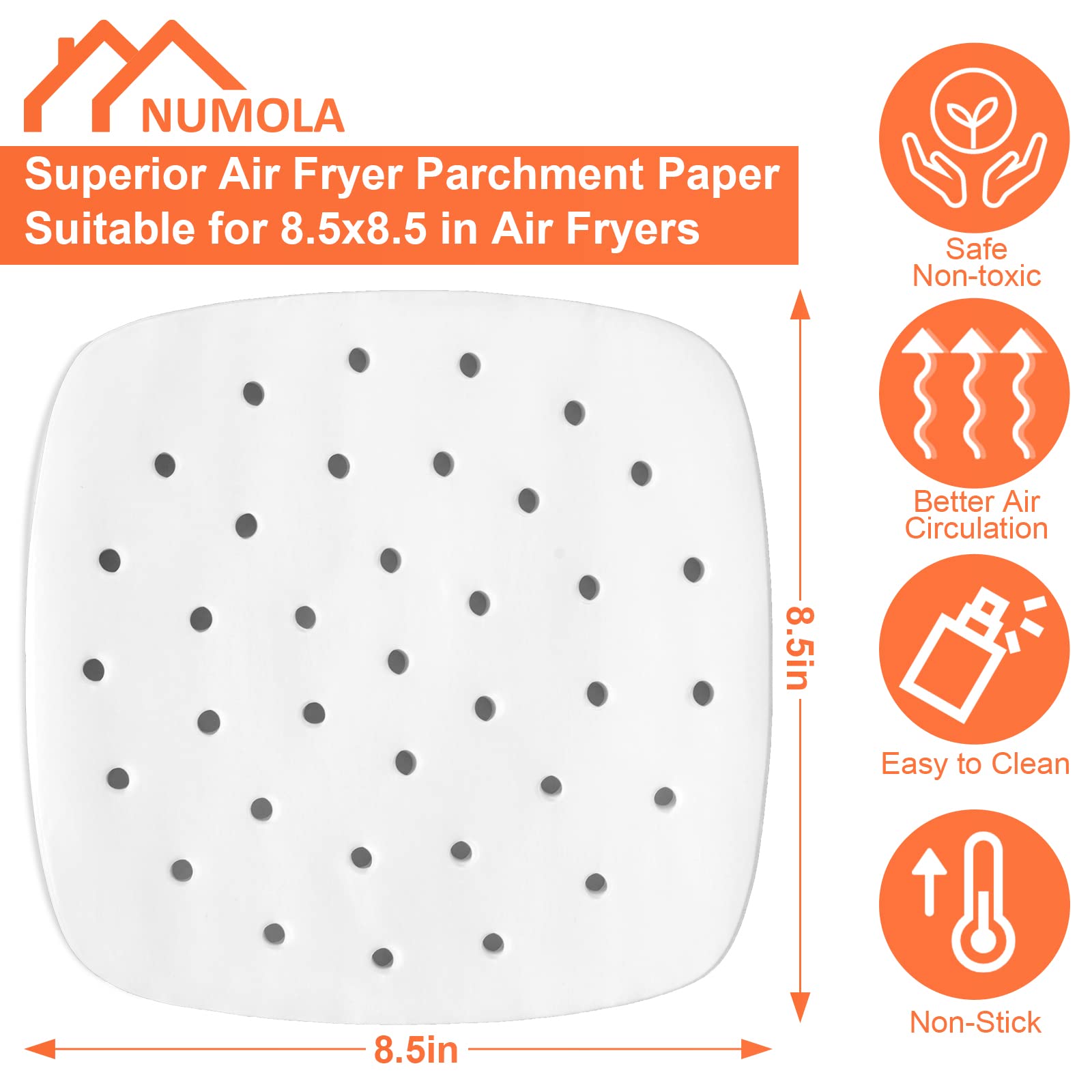 Numola 100-Pack 8 Inch Perforated Air Fryer Liners - Disposable Parchment Paper Sheets for Baking, Non-Stick Square Steamer Liners - Perfect for Air Fryers, Ovens, Microwaves & Steaming Baskets - Ideal for Healthy Cooking, Meal Prep & Quick Cleanup