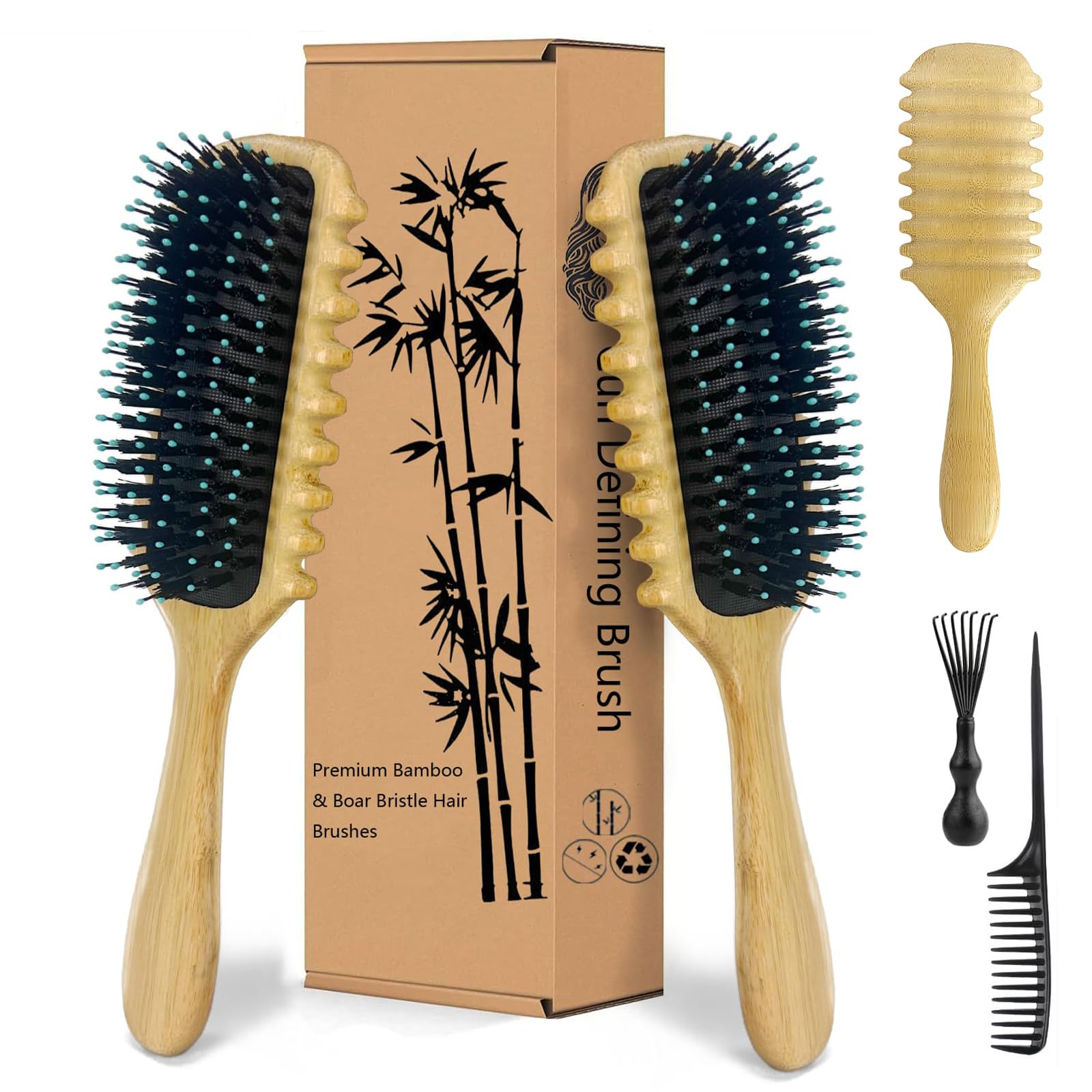2 Pack Curly Hair Brush for Men & Women - Natural Bamboo Curl Defining Brush for Wet & Dry Hair - Detangling Comb for Curly Hair with Reduced Pulling - Perfect for Salon, Home & Travel Use (Bamboo)