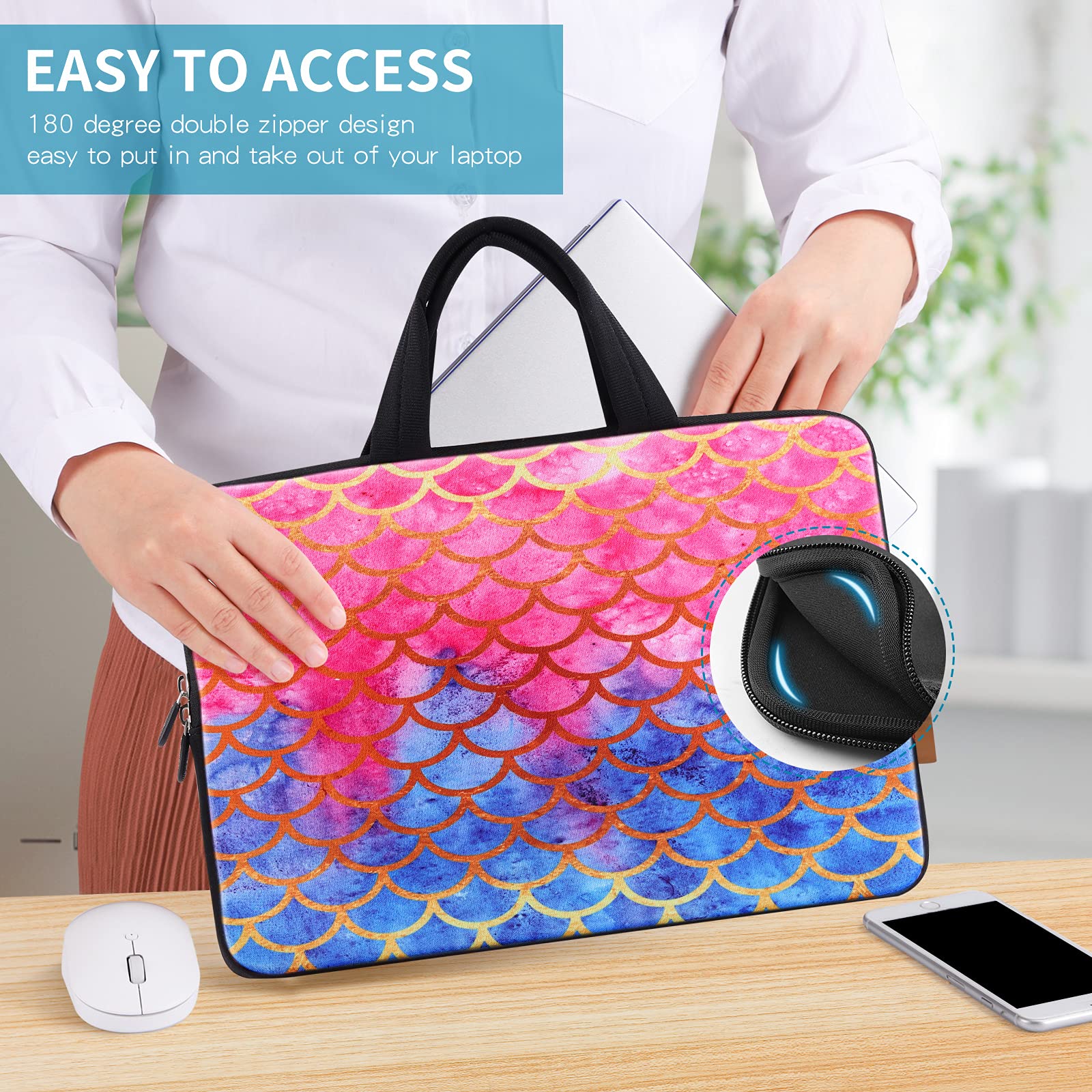 ICOLOR 11-12.5 Inch Laptop Carrying Bag - Neoprene Chromebook Case, Ultrabook Sleeve with Handle, Mermaid Design for Kids & Girls - Perfect for School, Travel, and Work