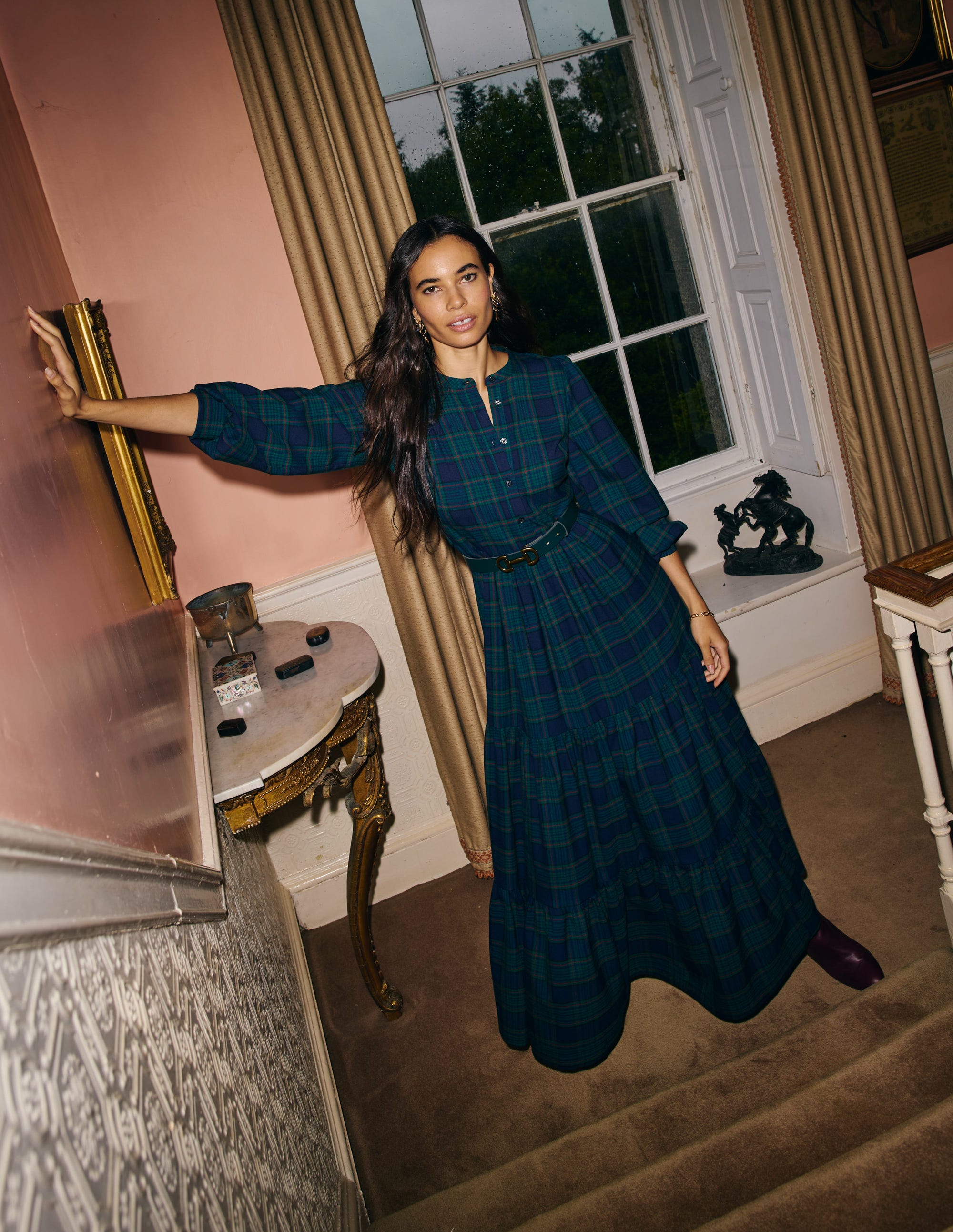 Alba Check Maxi Dress for Women - Navy and Green Plaid Long Dress, Boho Flowy Summer Dress for Beach, Vacation, and Casual Outings