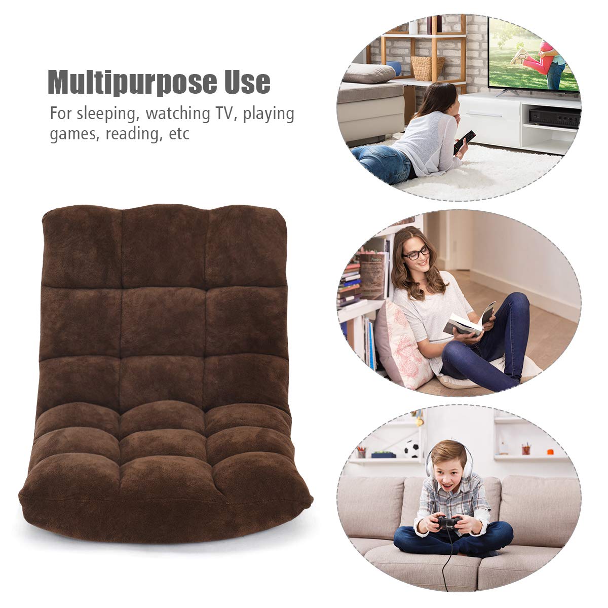 14-Position Adjustable Folding Sofa Chair - Convertible Sleeper Bed & Gaming Recliner for Living Room, Bedroom, Home Theater - Comfortable Floor Couch in Brown (Perfect for Small Spaces, Guest Beds & Relaxing)
