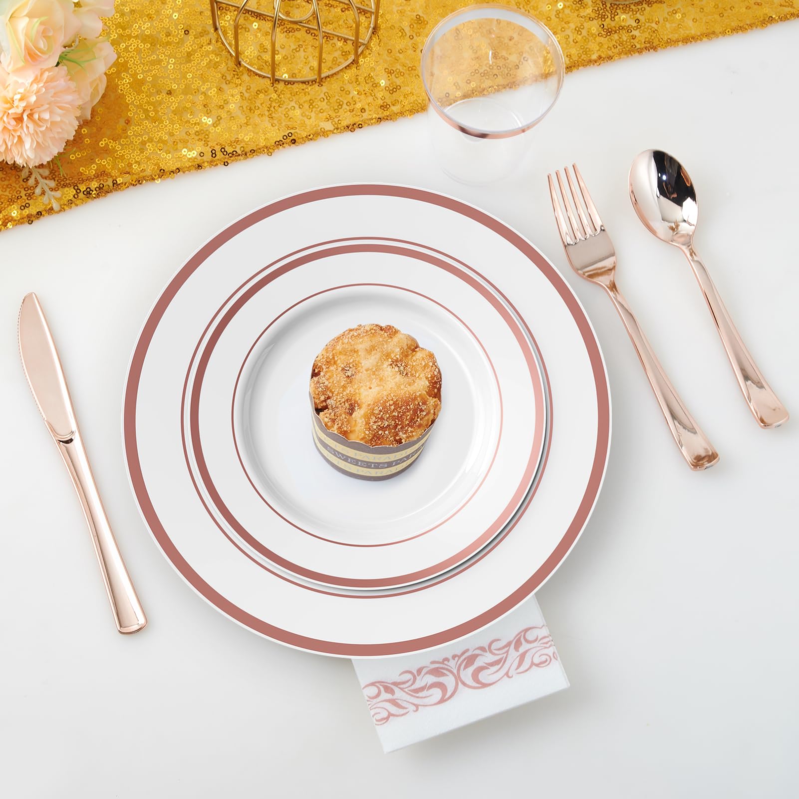 700-Piece Rose Gold Disposable Dinnerware Set - 200 Plastic Plates, 300 Silverware, 100 Cups & 100 Hand Towels - Elegant Party Supplies for Halloween, Christmas, Thanksgiving - Perfect for Weddings, Baby Showers & Birthday Celebrations