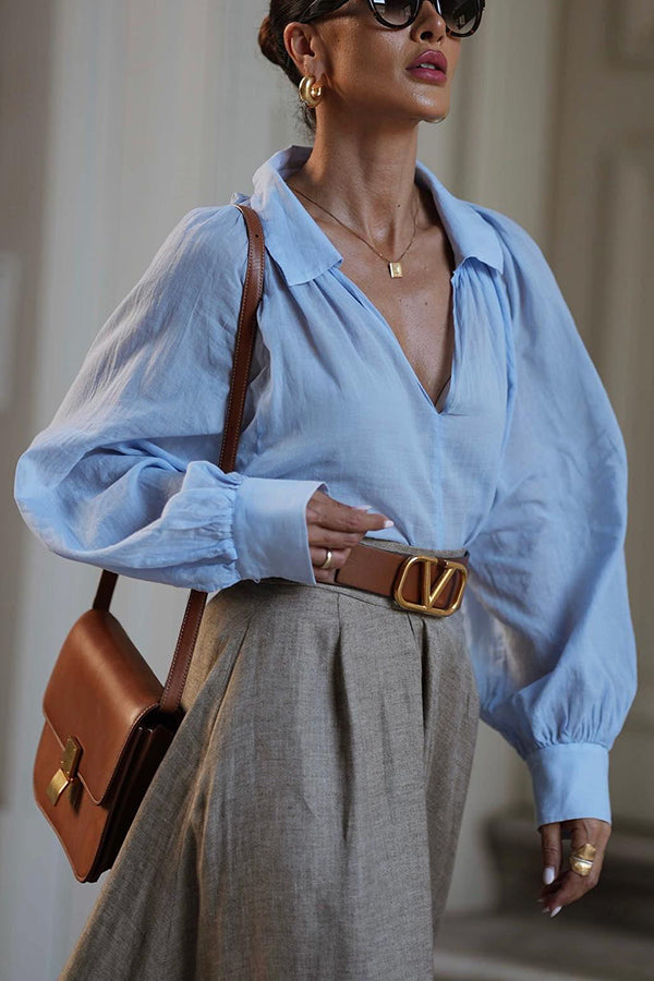 All Round Comfort Linen Blend V-Neck Balloon Sleeve Loose Blouse for Women - Casual Summer Tops for Beach, Office & Everyday Wear