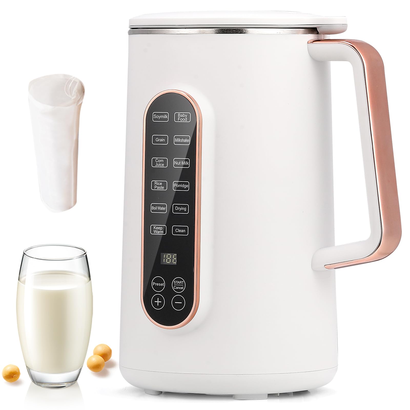 Moongiantgo 40oz Automatic Soy Milk Maker Machine - 8-in-1 Nut Milk Maker for Almond, Oat & Plant-Based Dairy-Free Beverages with 10 Blades, 12H Delay Start, Keep Warm & Auto Clean (White) - Perfect for Vegan Breakfast, Healthy Smoothies & Homemade Nut Milks
