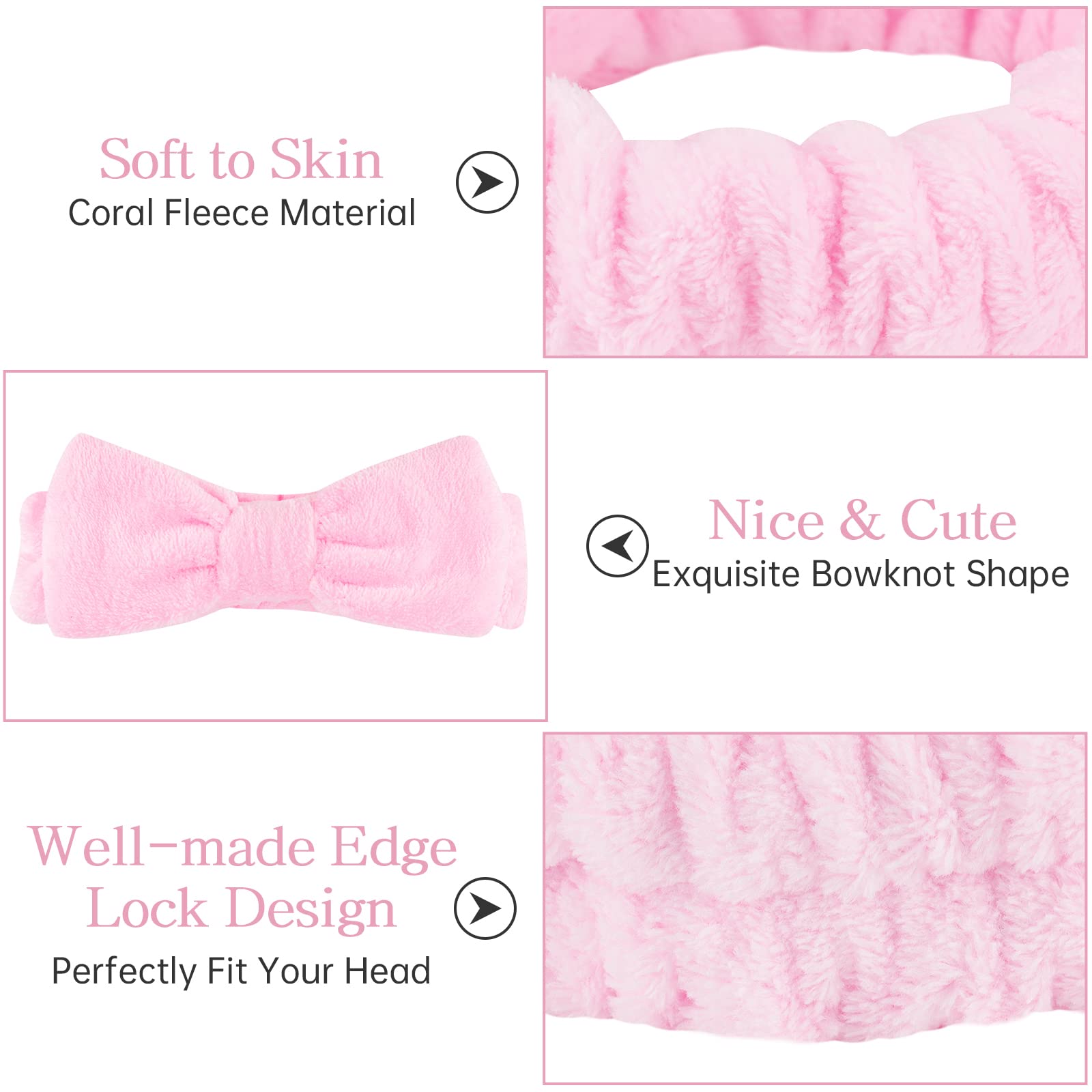 Casoty 6-Pack Pink Spa Headbands for Women - Soft Fleece Hair Bands for Face Washing, Skincare, Makeup & Yoga - Gentle Non-Slip Hair Accessories for Bath, Salon & Home Spa Days