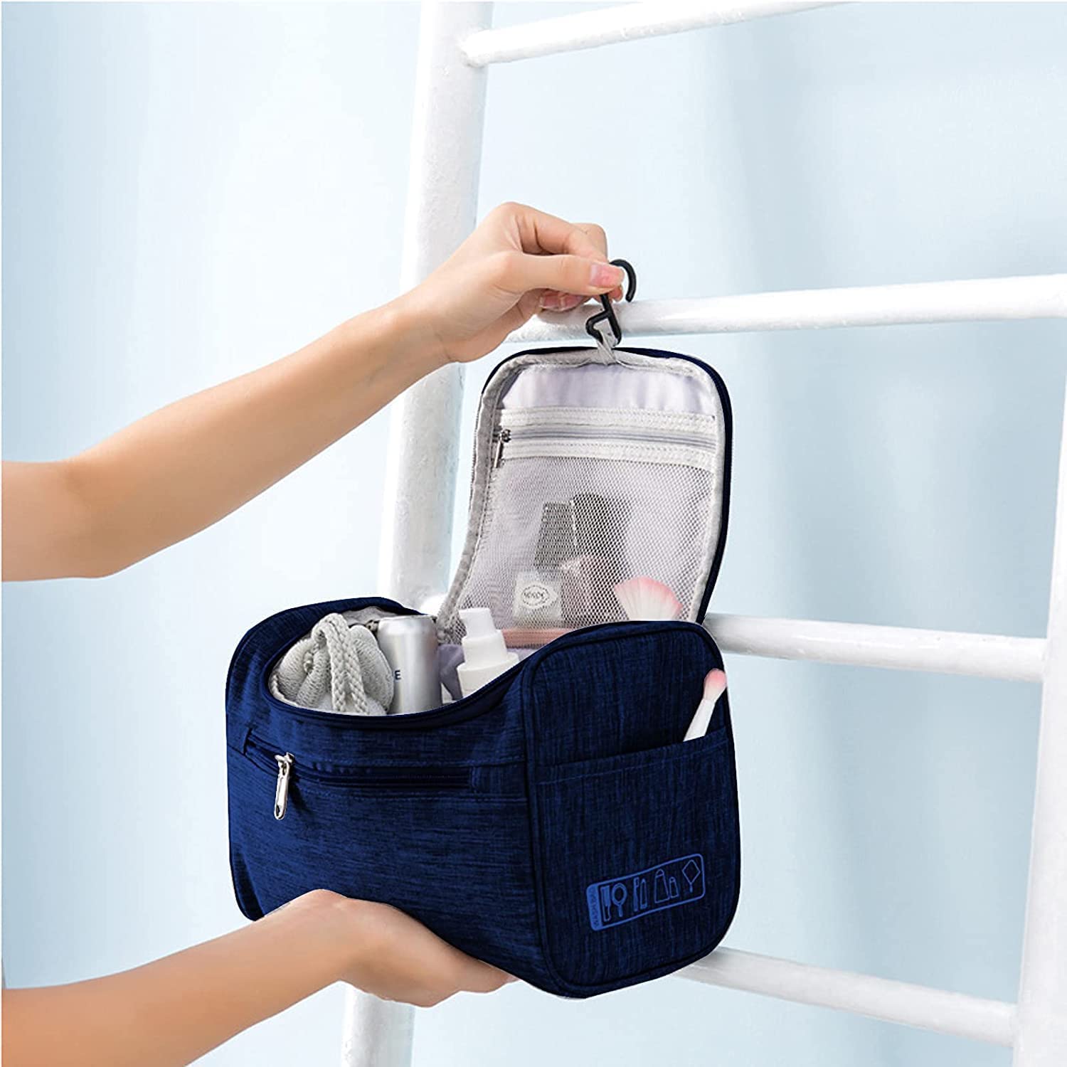 FEXMY Hanging Toiletry Bag for Women - Travel Cosmetic Pouch & Makeup Organizer with Hook | Waterproof Hanging Bathroom Organizer | Perfect for Travel, Gym, Camping & Daily Use | Blue