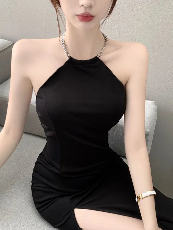 Vintage Black Chain Halter Dress - Elegant Off Shoulder Backless Bodycon Evening Gown with High Slit for Party, Club, Prom & Date Night