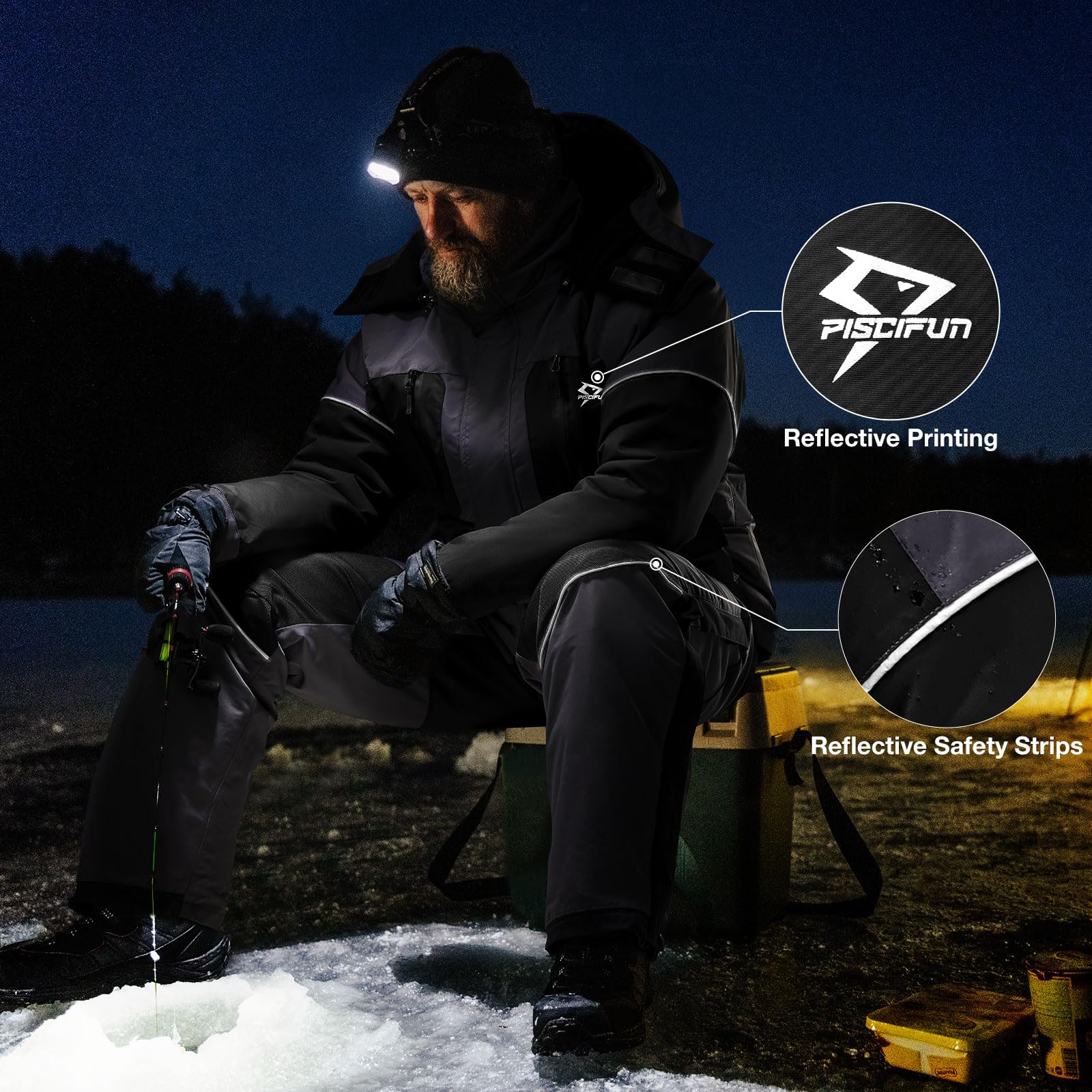 Piscifun Men's Insulated Floating Waterproof Ice Fishing Jacket - Warm Winter Coat for Extreme Cold Weather - Ideal for Ice Fishing, Snowmobiling & Outdoor Winter Activities