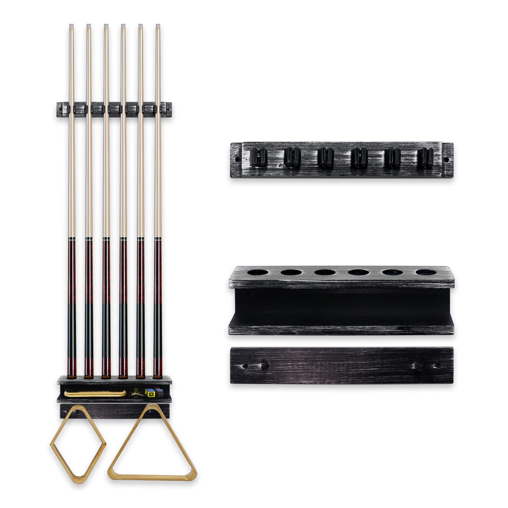 Premium Solid Wood Wall Mount Pool Cue Rack - Holds 6 Billiard Sticks & Accessories | Brushed Black Rustic Style for Game Rooms, Bars & Man Caves