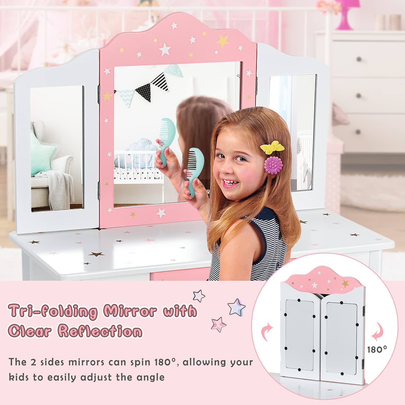 Costzon Kids Vanity Set with Mirror & Stool - Princess Makeup Table for Girls Pretend Play, White