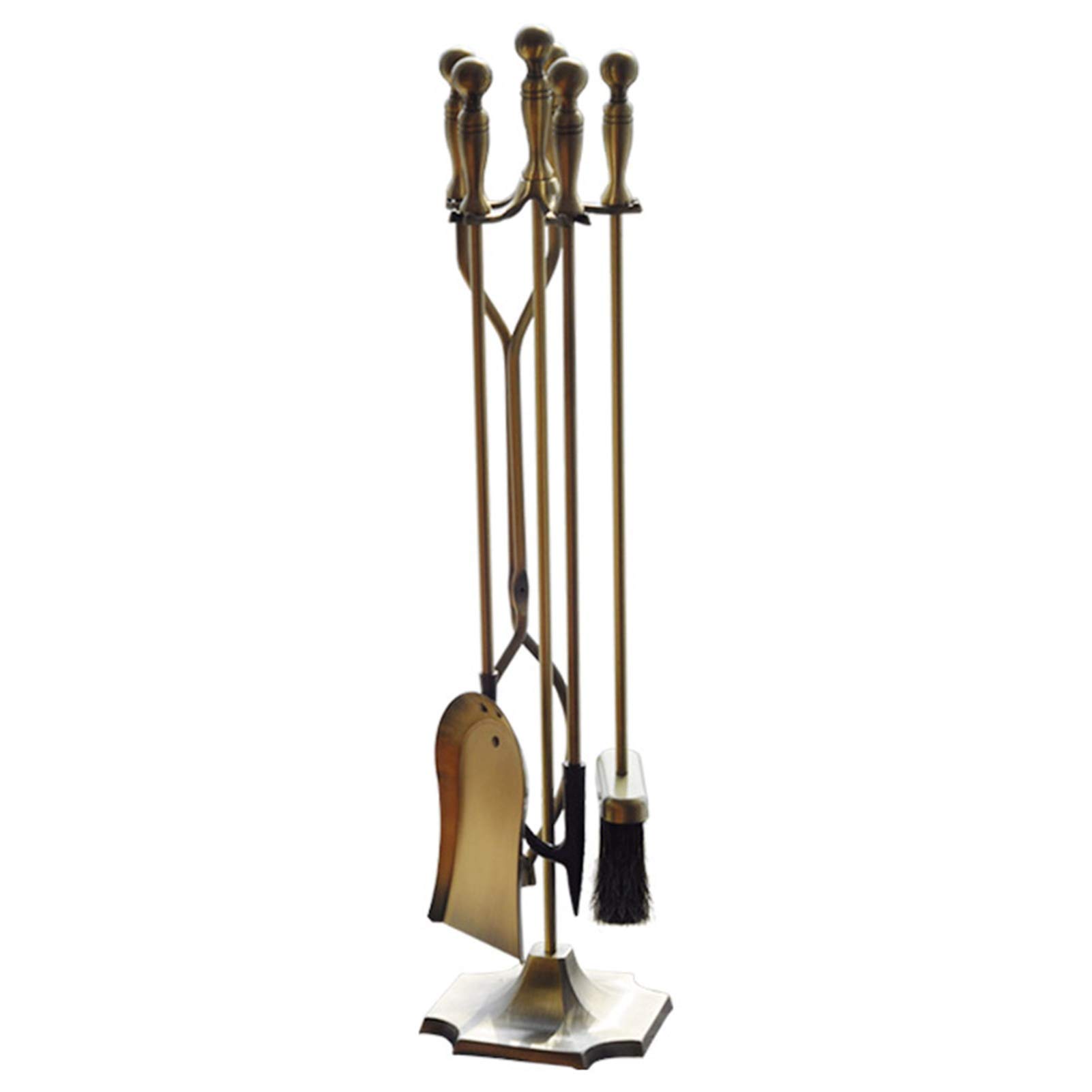 Antique Brass Fireplace Tool Set (5-Piece) - Wrought Iron Fireplace Accessories with Stand - Includes Tongs, Shovel, Brush & Poker - Perfect for Fireplace Maintenance & Home Decor