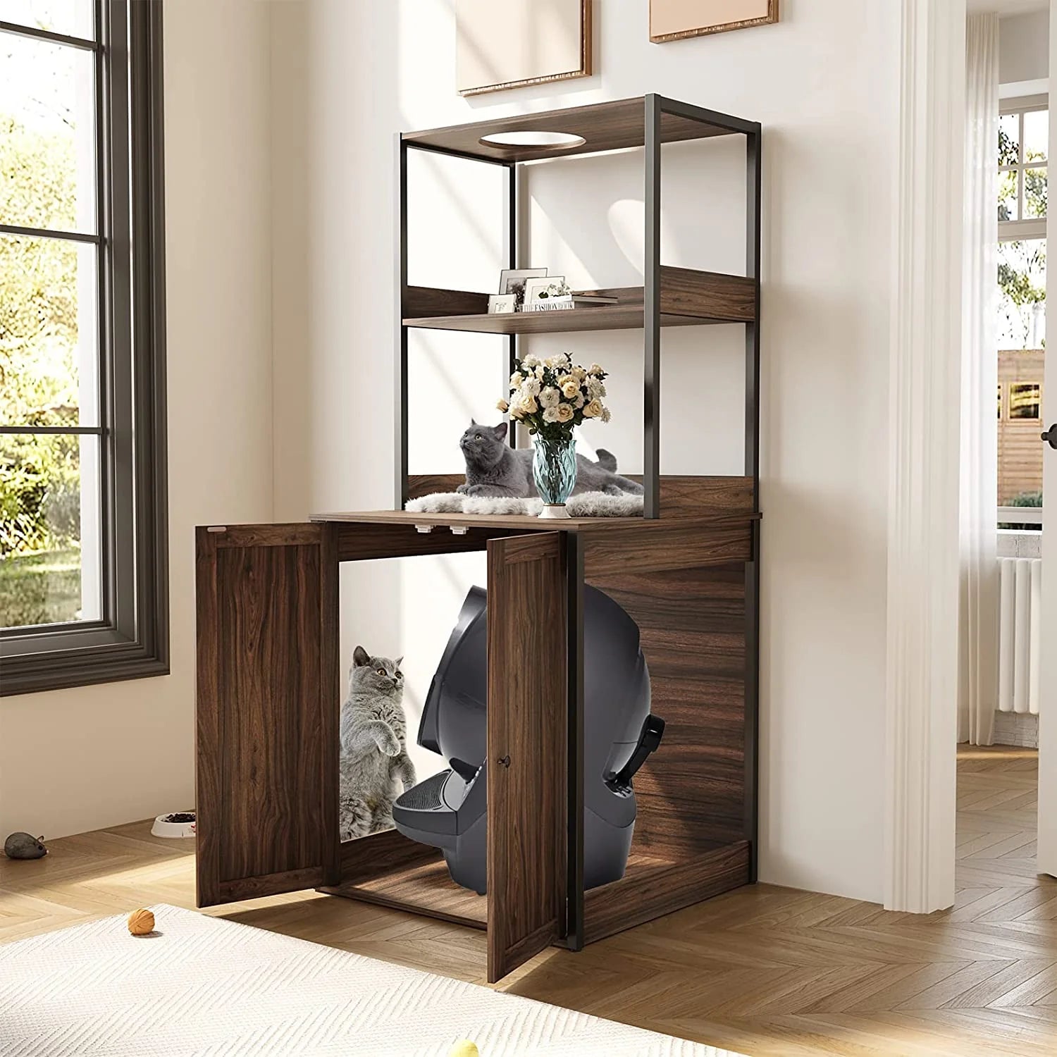 Large Wooden Cat Litter Box Enclosure - Stylish Furniture Cover for Self-Cleaning Litter Boxes - Perfect for Home, Apartment & Pet-Friendly Spaces